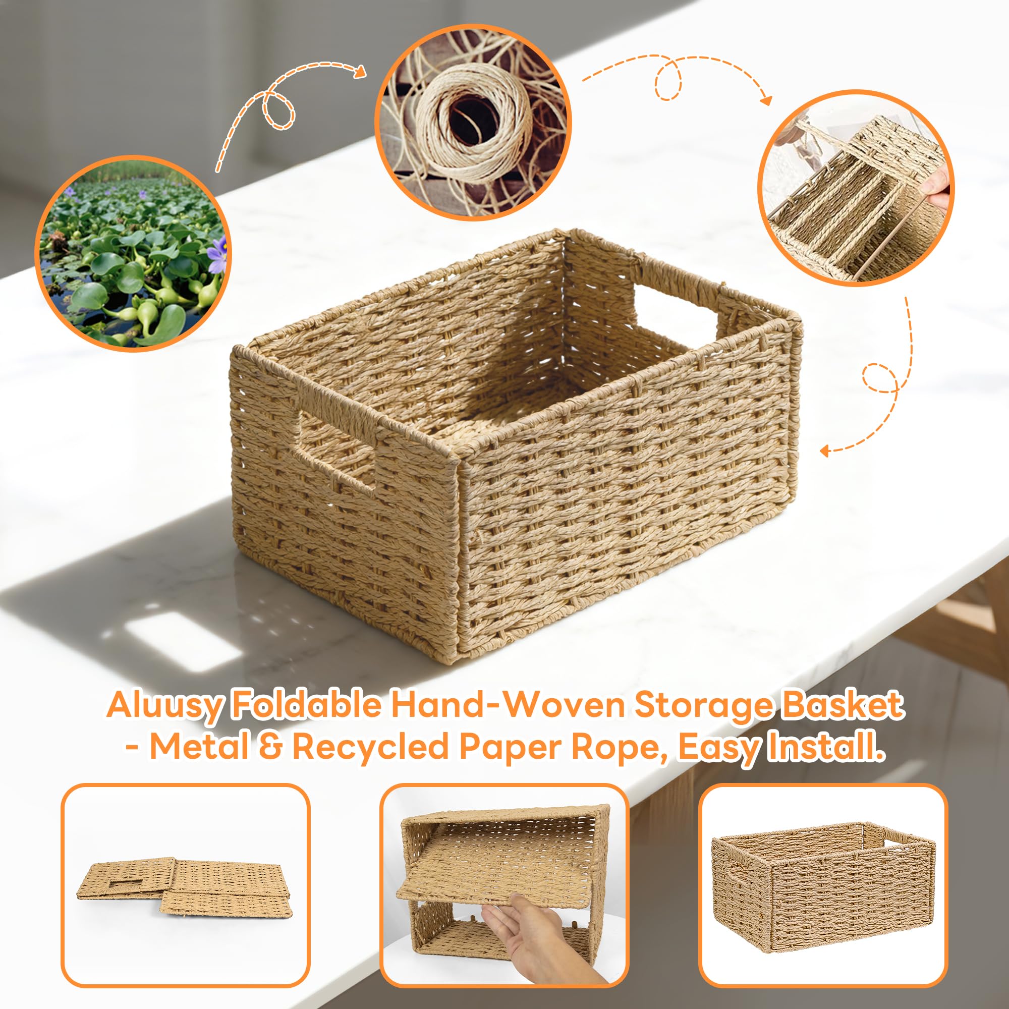 1 Cestas de Almacenaje, Cesta Mimbre Tejidas a Mano Rectangular 31x22,5x14cm, Cesta Plegable de Papel Jacinto de Agua, Cesto Decorativo para Baño Estanterías Kallax Cocina y Cosa Pequeñas