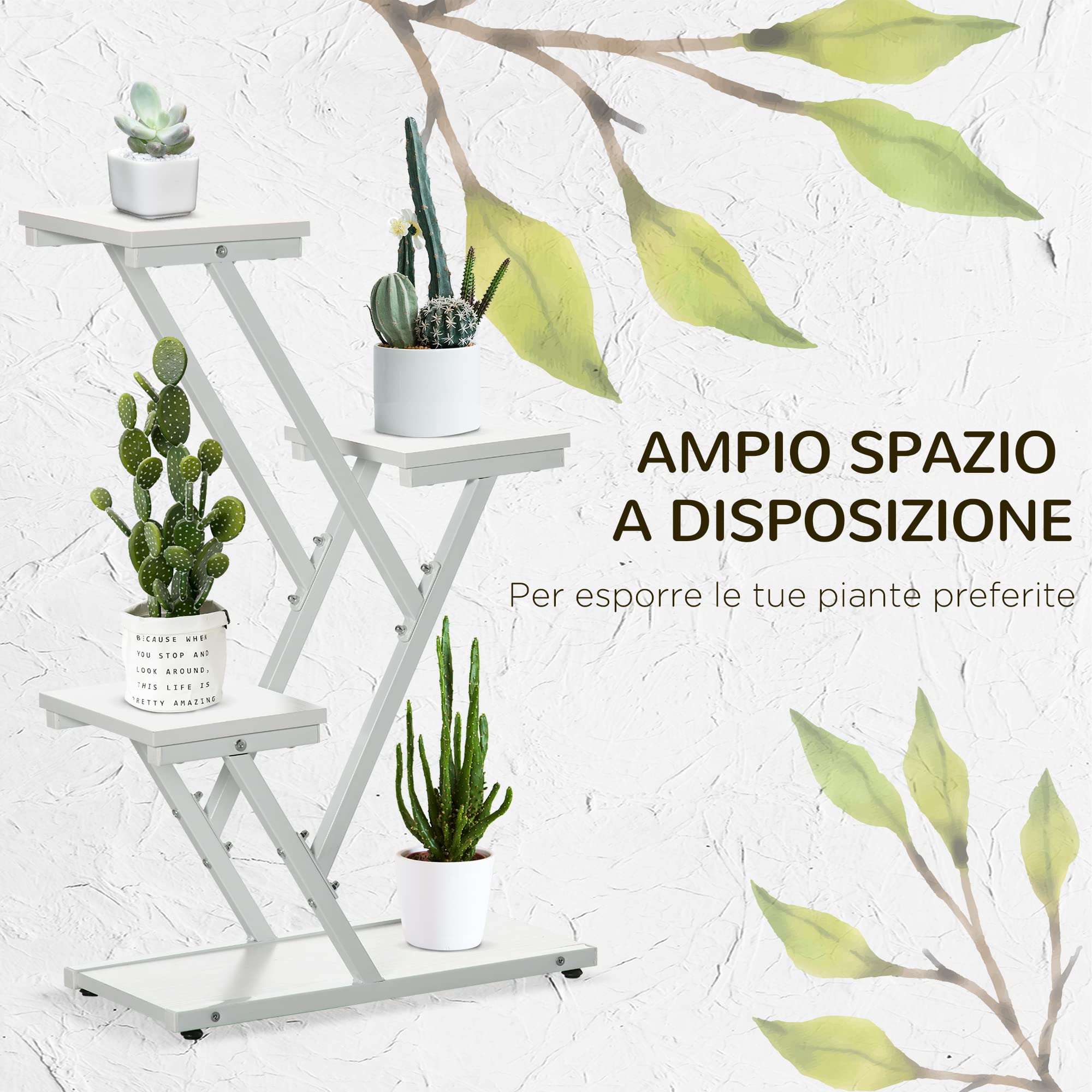 Outsunny Scaletta Portavasi 4Livelli Interni/Esterni 50.5x24x81 cm Bianco