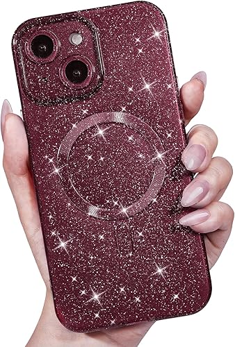 Miniatura 8 de Funda para iPhone 15 Pro con purpurina compatible con Magsafe, funda magnética Mag Safe para teléfono femenina, linda, brillante y bonita para Rosa