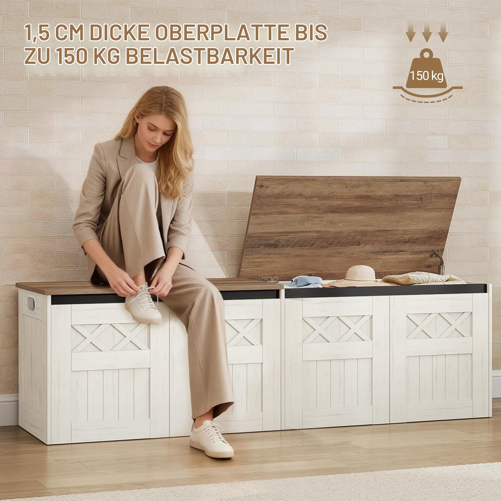 Hzuaneri Schuhbank mit Stauraum, 150 cm, Weiß Braun, Landhausstil | Sitztruhe, 2 Sicherheitsscharniere, 40 x 150 x 48,5 cm, für Flur, Schlafzimmer, Wohnzimmer, SB51514X