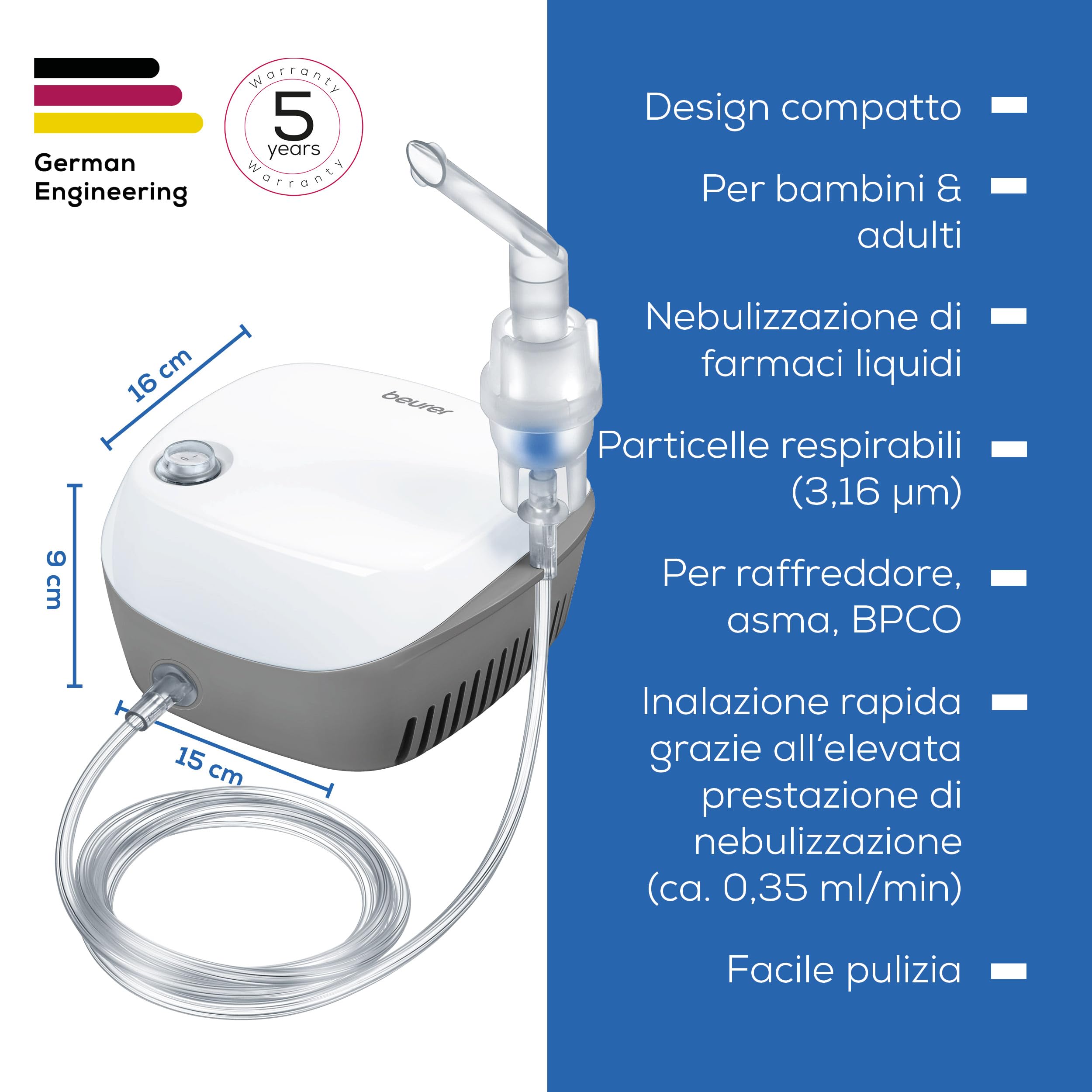 Beurer IH 18 Aerosol ad aria compressa con compressore CC per inalazione e trattamento delle vie respiratorie superiori e inferiori, per adulti e bambini, bianco, set accessori completi da 8 pezzi
