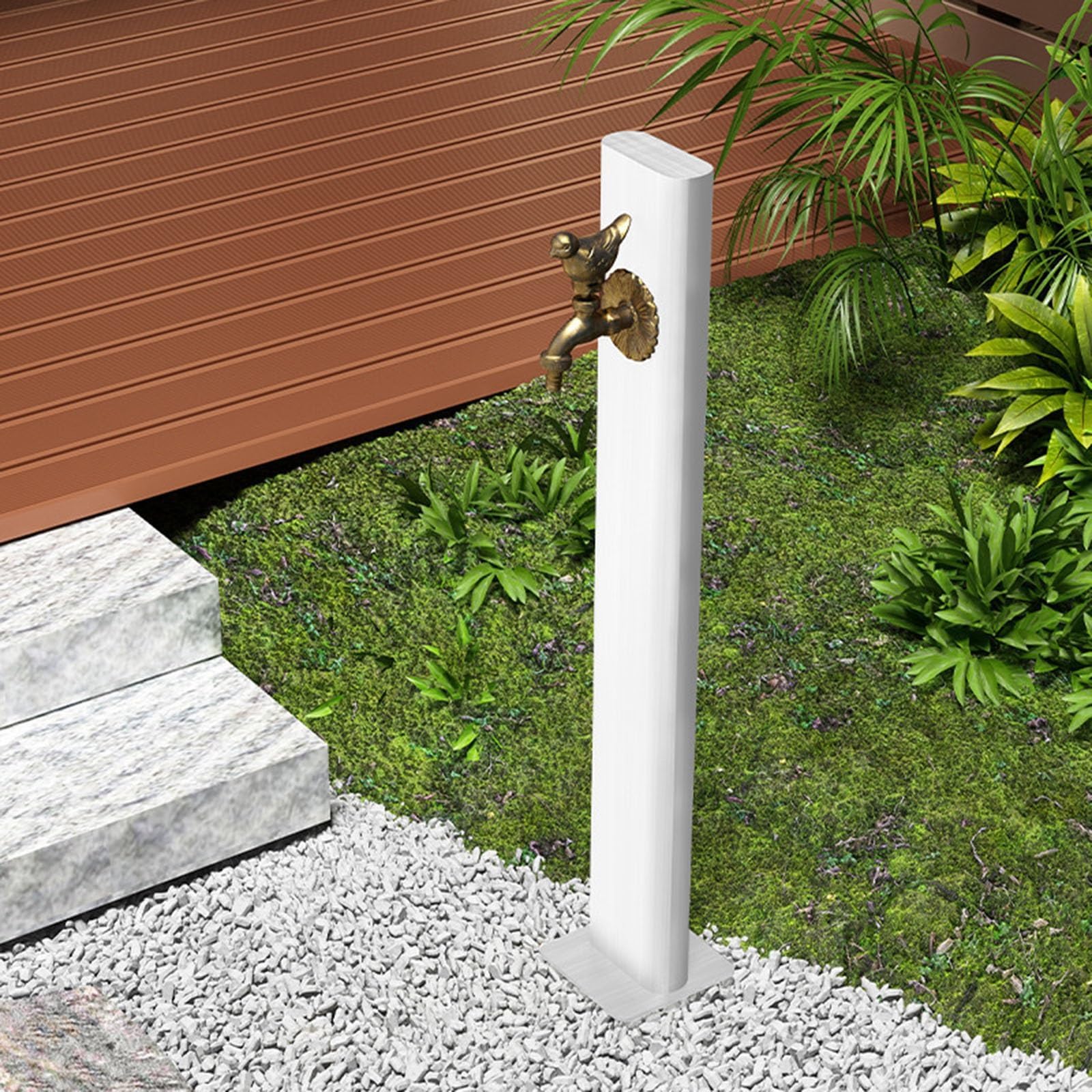 WOTZOV Freestanding Garden Hose Post With Faucet - Decorative Water Column Hydrant For Irrigation & Washing, Retro Silver Fountain Tap, Outdoor Garden Accessory，White