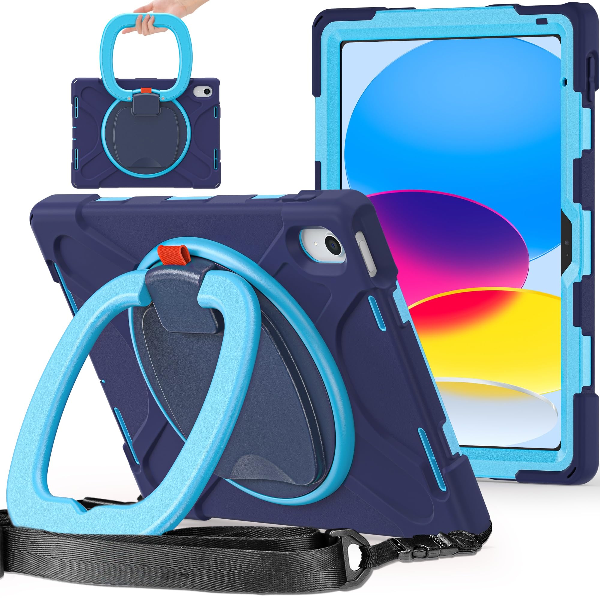 Pokrywa tabletu Etui kompatybilne z etui iPad 10. generacji 10,9 cala 2022, odporne na wstrząsy, solidne etui, obrotowa podstawka 360 stopni, pasek na rękę/ramię, wytrzymałe etui na tablet kompatybiln