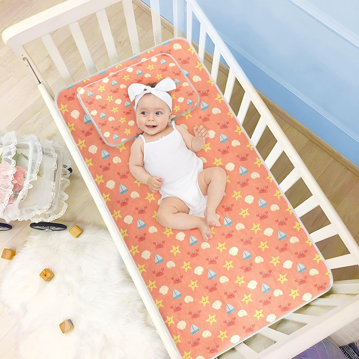 Baby Cooling Mat Orange Nautical Theme Ice Silk Breathable Mesh Summer Crib Mattress Pad with Pillowcase, Soft Cooling Sleeping Surface for Infant & Toddler, 52"x28"