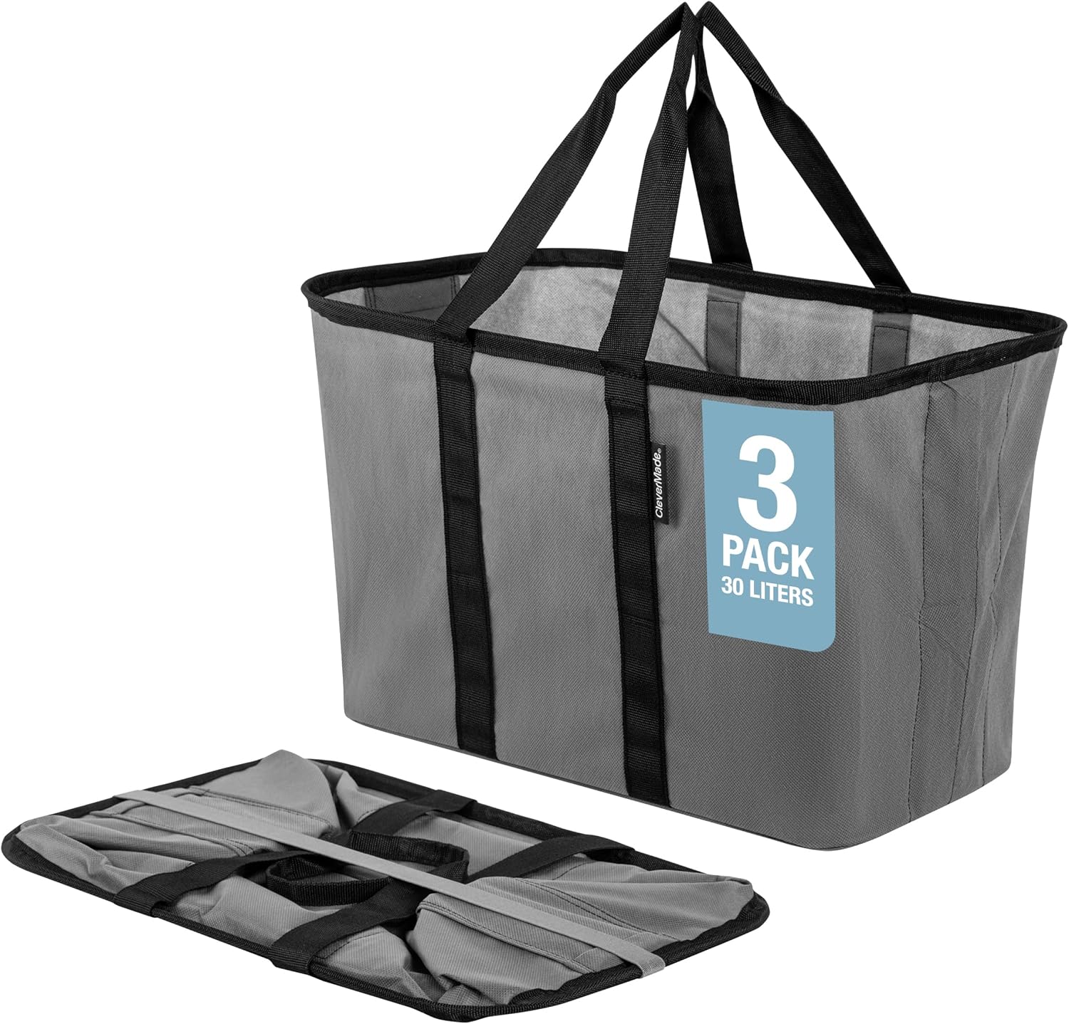 CleverMade EcoBasket 30 Liter Reusable Tote Bag with Reinforced Bottom: Collapsible Grocery Shopping Basket Gray/Black Pack of 3