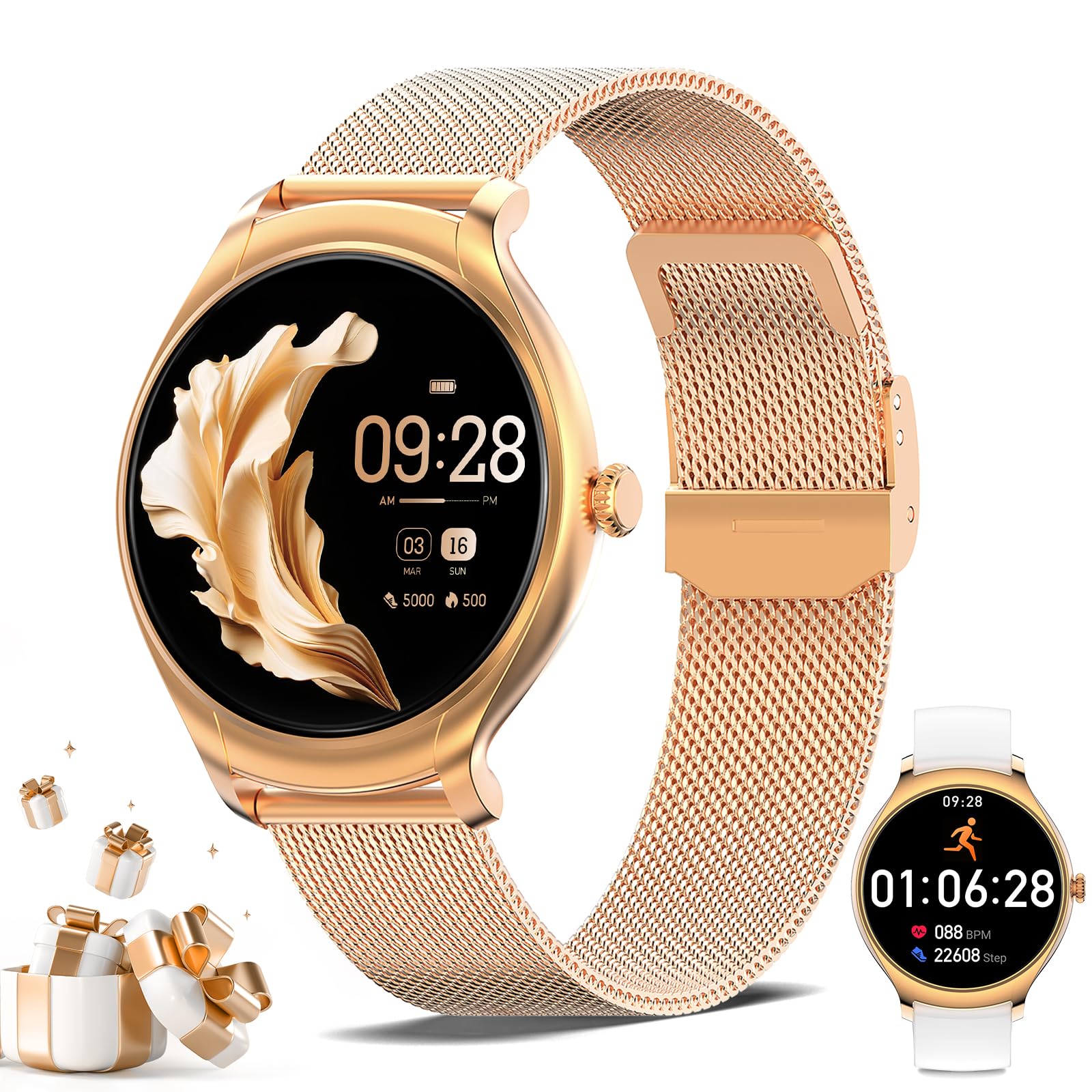 Montre Connectée Femme avec Appel Bluetooth, 1.39" inch Touchscreen Montre Intelligente avec 113 Modes Sport Fréquence Cardiaque Moniteur de Sommeil Assistant Vocal Chronometre pour Android iOS