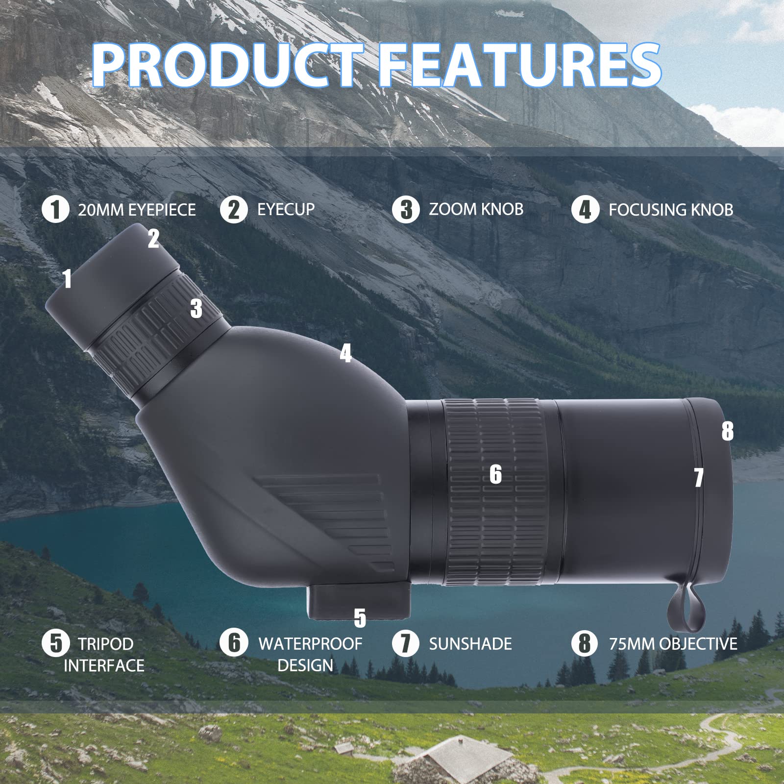 Telescopio Terrestre 12-36x50 HD con Trípode, Bolsa de Transporte y Adaptador de Teléfono Inteligente para Observación de Aves, Observación de Estrellas, Tiro con Arco, Paisaje de Vida Silvestre