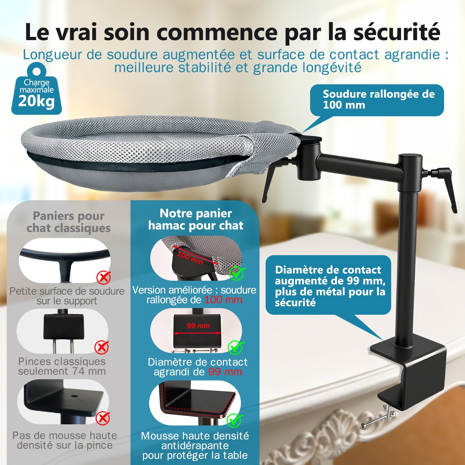 Panier Chat Bureau Réglable en Hauteur | Lit de Bureau pour Chat Rotation de 360° Lit pour Chat avec 2 Housses en Filet Amovibles Hamac pour Bureau Jusqu'à 20KG, Gris