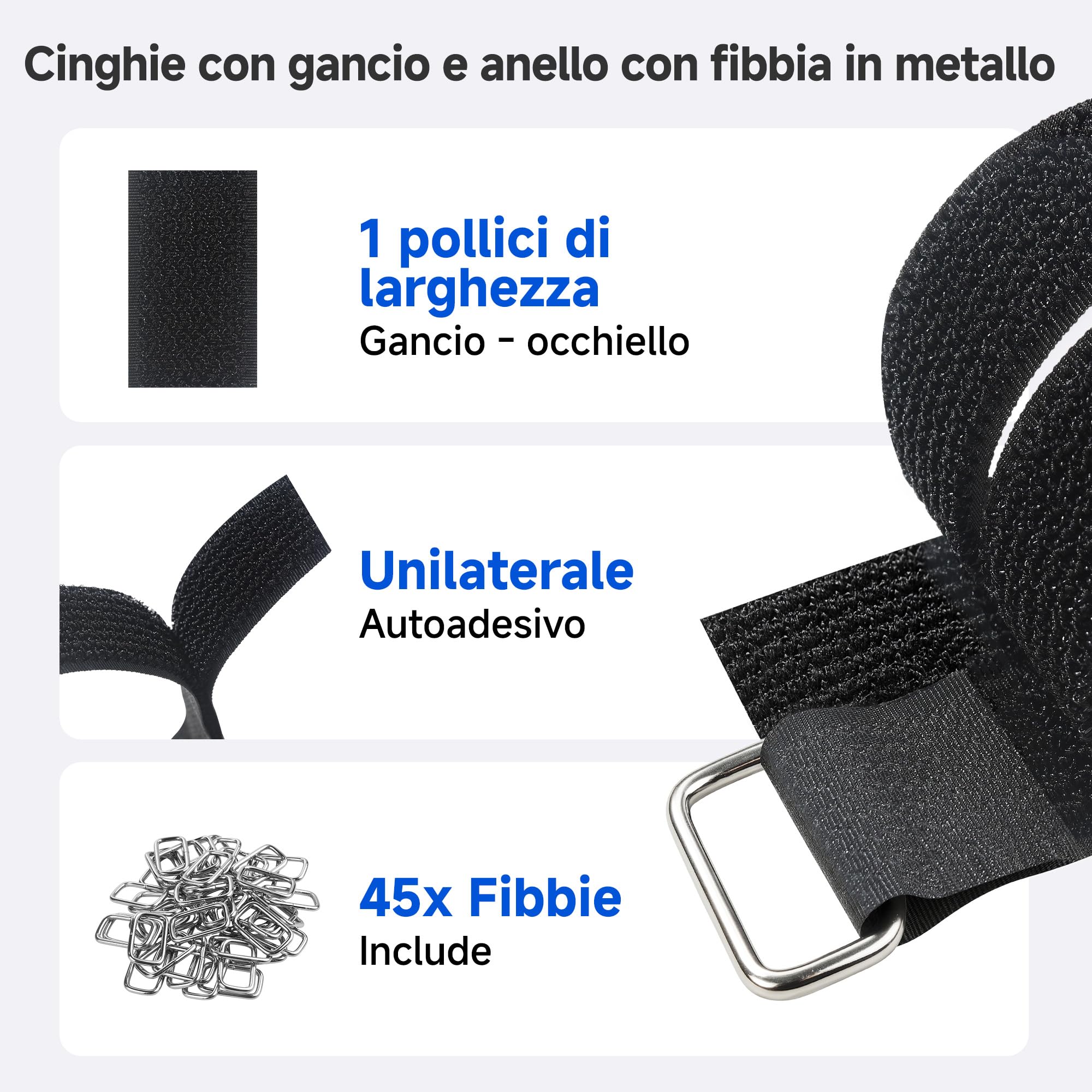 Cable Matters Cinghie a strappo con fibbia, rotolo da 9 m con 45 fibbie metalliche, cinghie regolabili per cavi larghe 25 mm, nero