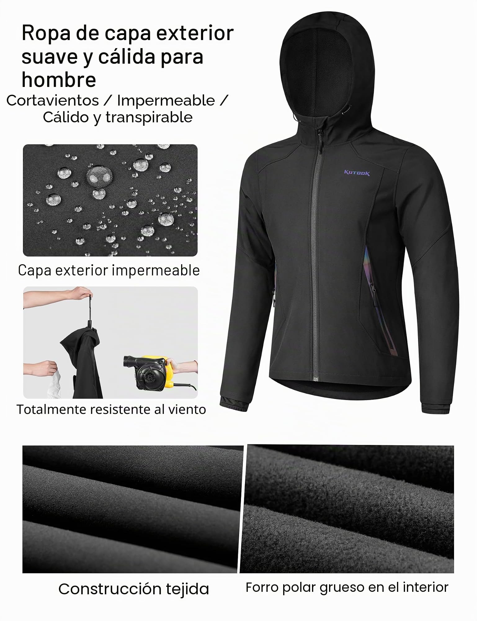 KUTOOK Chaqueta Hombre Invierno Cortavientos Softshell Trekking Senderismo Montaña Running Ropa Ciclismo Termica Impermeable Negro XL