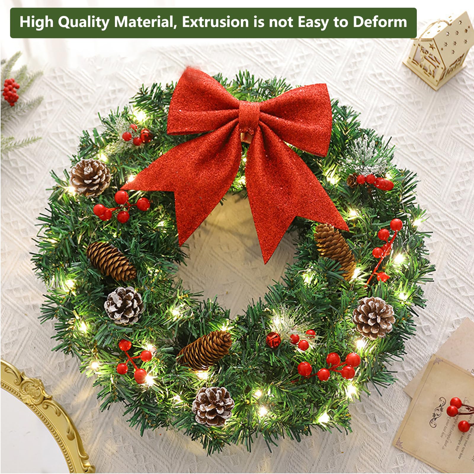 Corona de Navidad artificial preiluminada, guirnalda de Navidad artificial de 45 cm para puerta delantera con lazo rojo, piñas de pino, bayas rojas, 40 luces LED para decoración de Navidad en