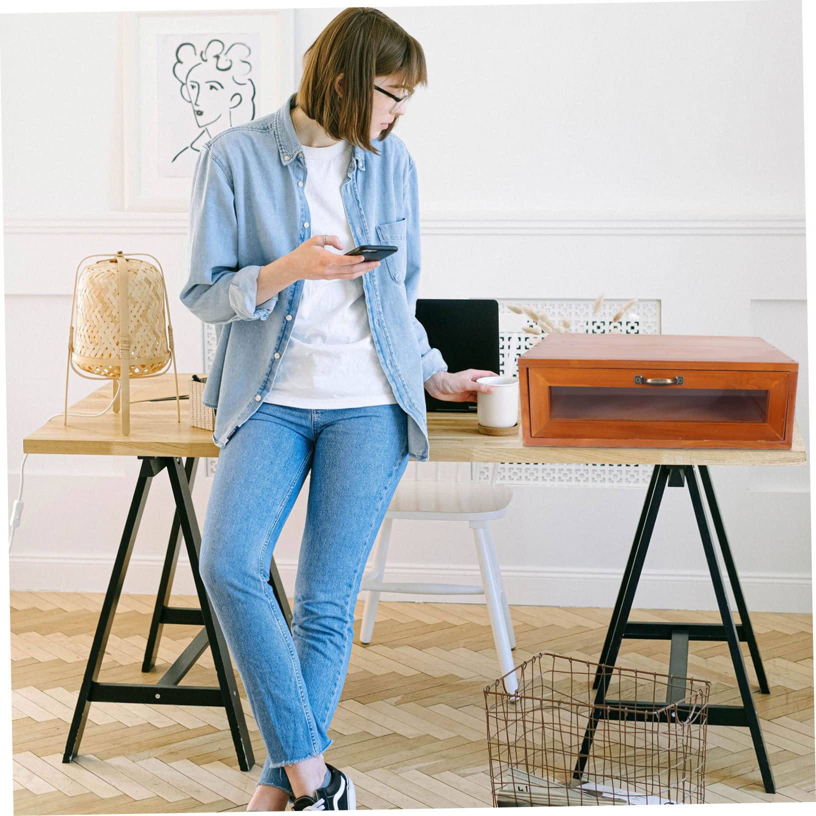 Supporto per Monitor retrò in Legno e Ferro Cassetto | Organizzatore da Scrivania per Ufficio, per Articoli di Cancelleria e Cosmetici, Stile Semplice Elegante