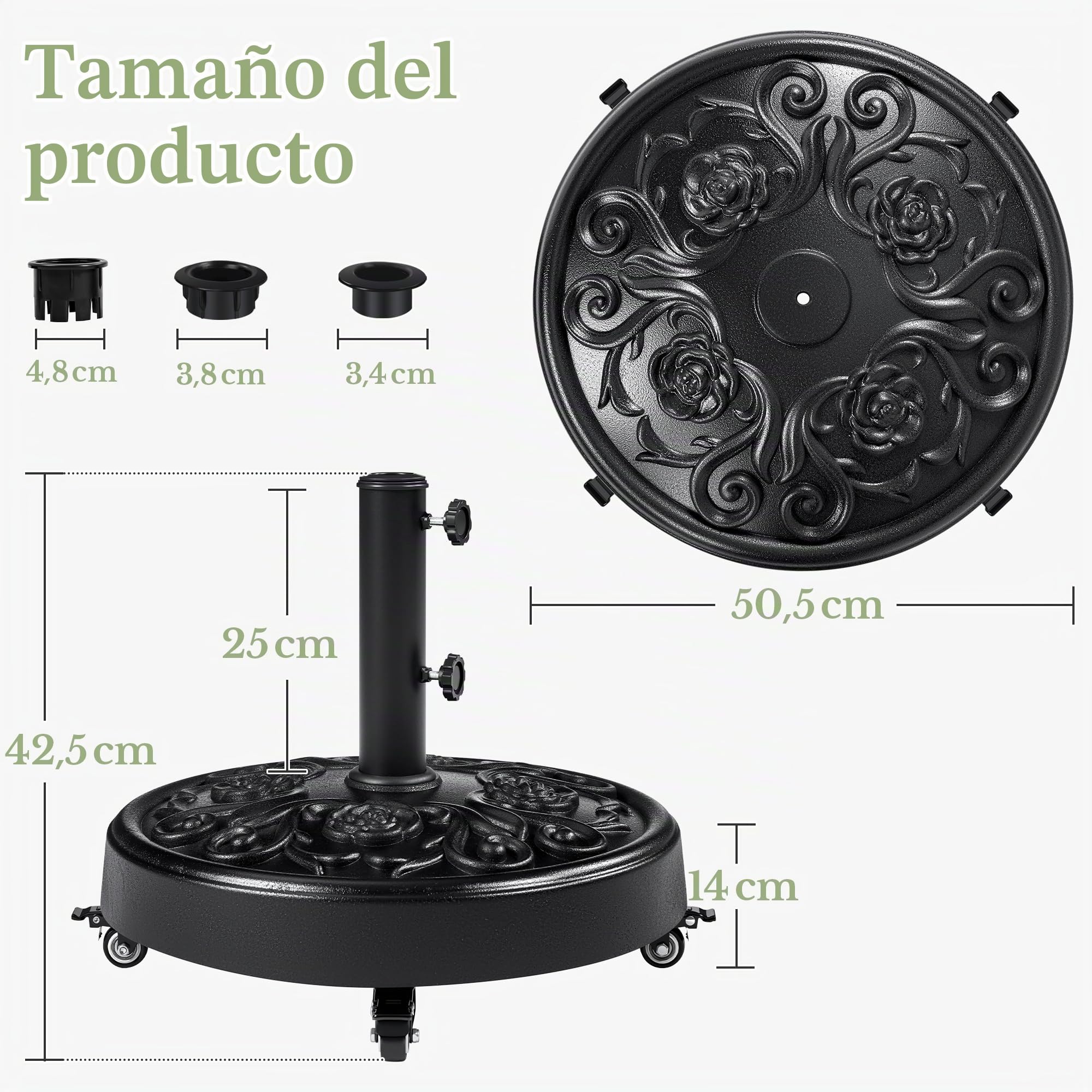 Yaheetech Base Redonda de Sombrilla con Ruedas Soporte para Parasol de 25 kg con Diseño Rústico Vintage de Rosas para Exteriores Playa Terraza (Negro)