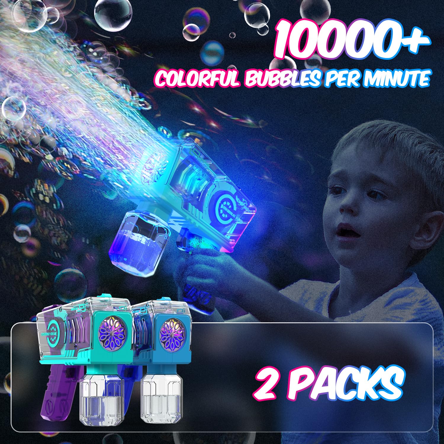 Eaglestone Bubble Gun for Kids 2 Packs, Automatic Bubble Machine, 10-Hole Bubbles Wands Blaster for Toddlers with LED Lights & Solution, Easter, Party Favor, Outdoor Game Toys for Boys & Girls Ages 3+