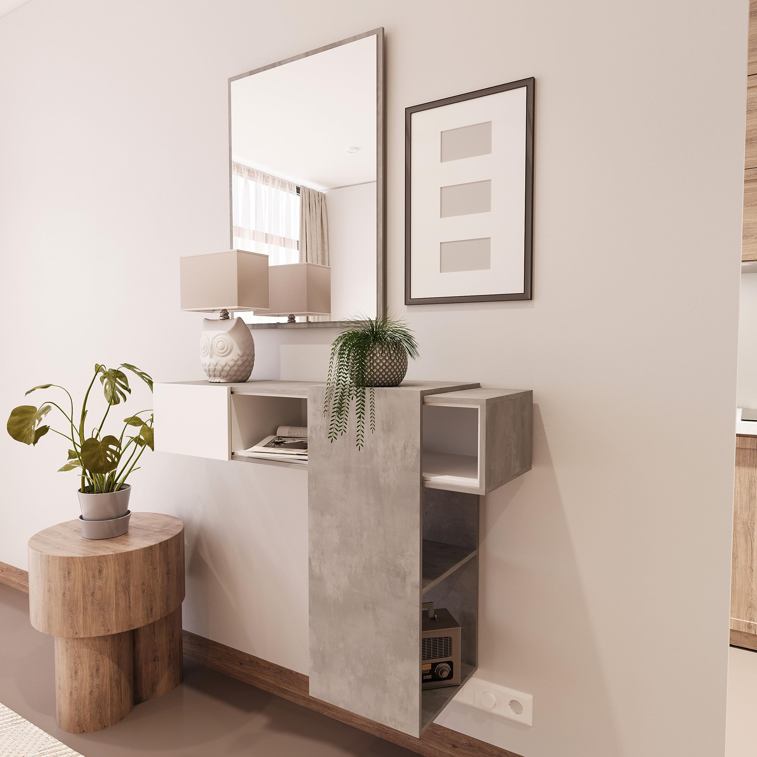 BRICOZONE Mobile Sospeso Scorrevole Da Ingresso Con Specchio Moderno Contemporaneo Salvaspazio Innovativo Funzionale Pensili Pannelli Legno Rettangolare Parete 100 x 31.5 x 75 cm Bianco Grigio Cemento