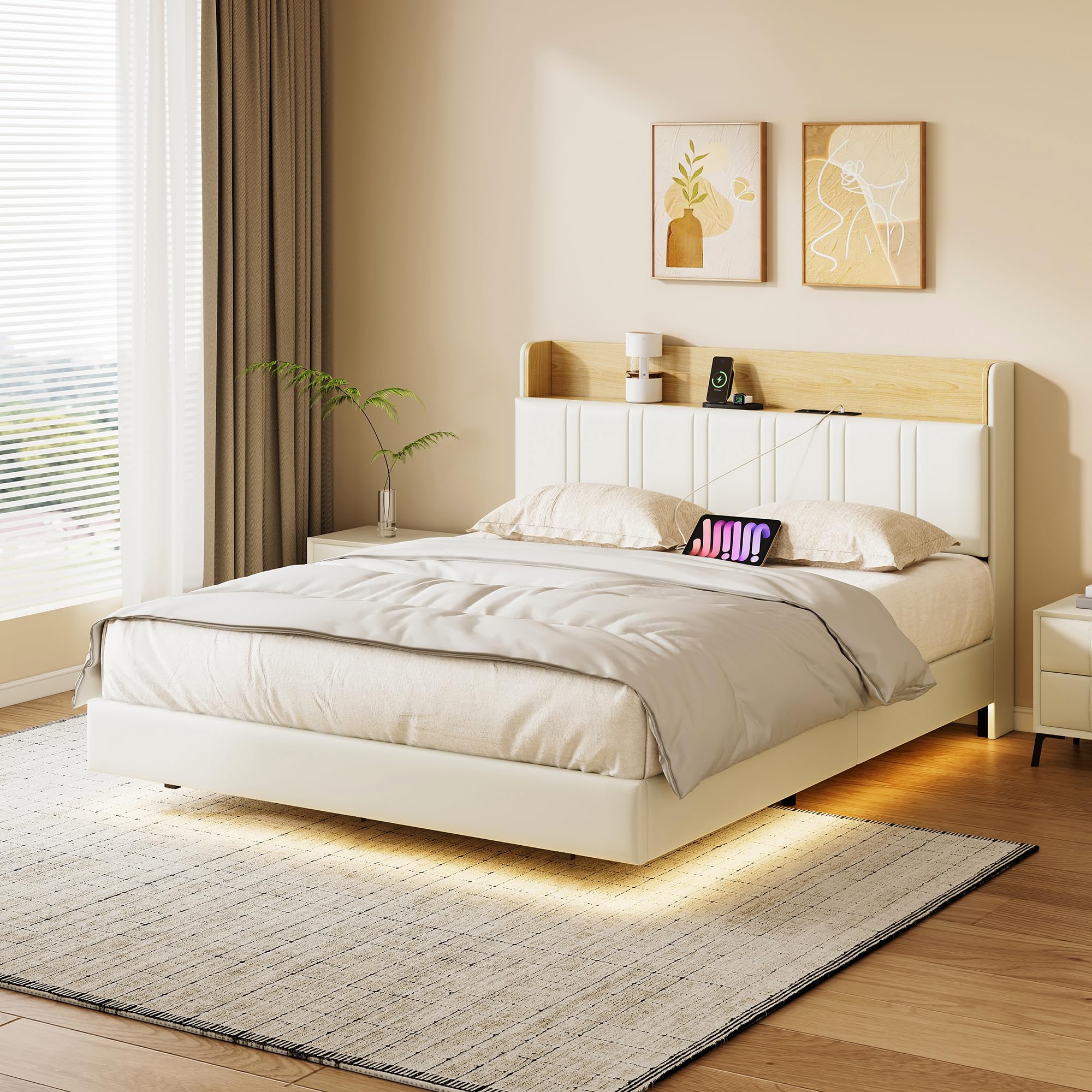 BRILVERDE Polsterbett 160x200 mit LED, Platformbett mit USB, Funktionsbett mit Kopfteil, Schwebebett mit Lattenrost, PU (Weiß Flache Eiche, 160 x 200 cm)