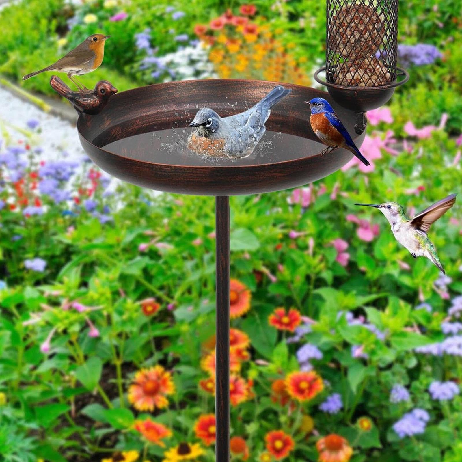 Bain d'oiseaux de 31 Cm (12,2 Pouces), Mangeoire à Oiseaux, Modèle Autoportant avec Piquet en Métal, Bain d'oiseaux en Métal, Mangeoire à Oise