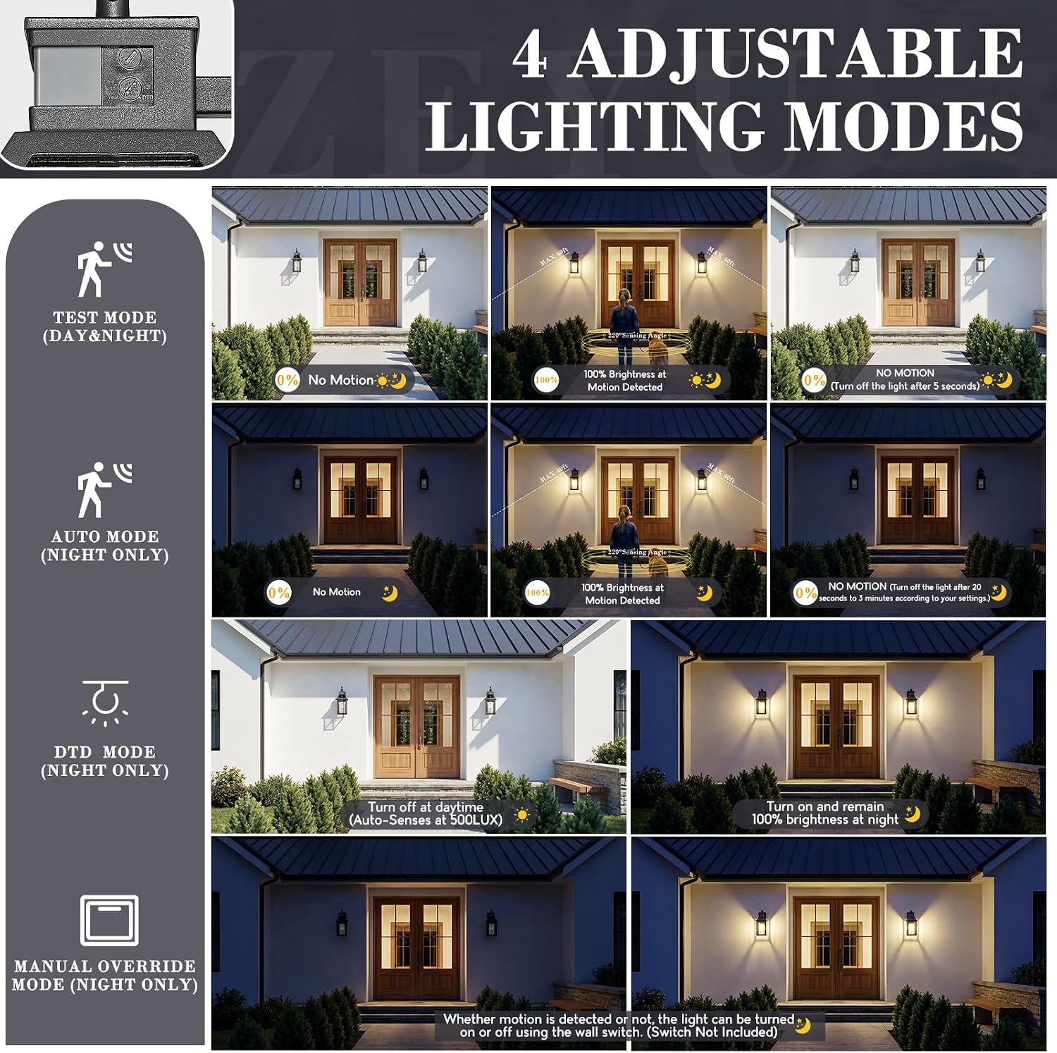 zeyu Motion Sensor Porch Light, 15.8'' Outdoor Wall Light Dusk to Dawn with 4 Modes, 220° Detection, Die-Cast Aluminum with Water Ripple Glass Shade, Black Finish, ZW114B-SE BK-SW