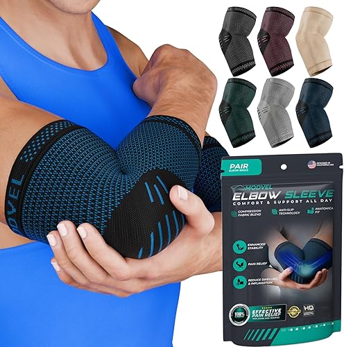 Vista 9 de Modvel Paquete de 2 coderas – Coderas de compresión para codo de golfista para aliviar el dolor en las articulaciones, recuperación, apoyos de Negro