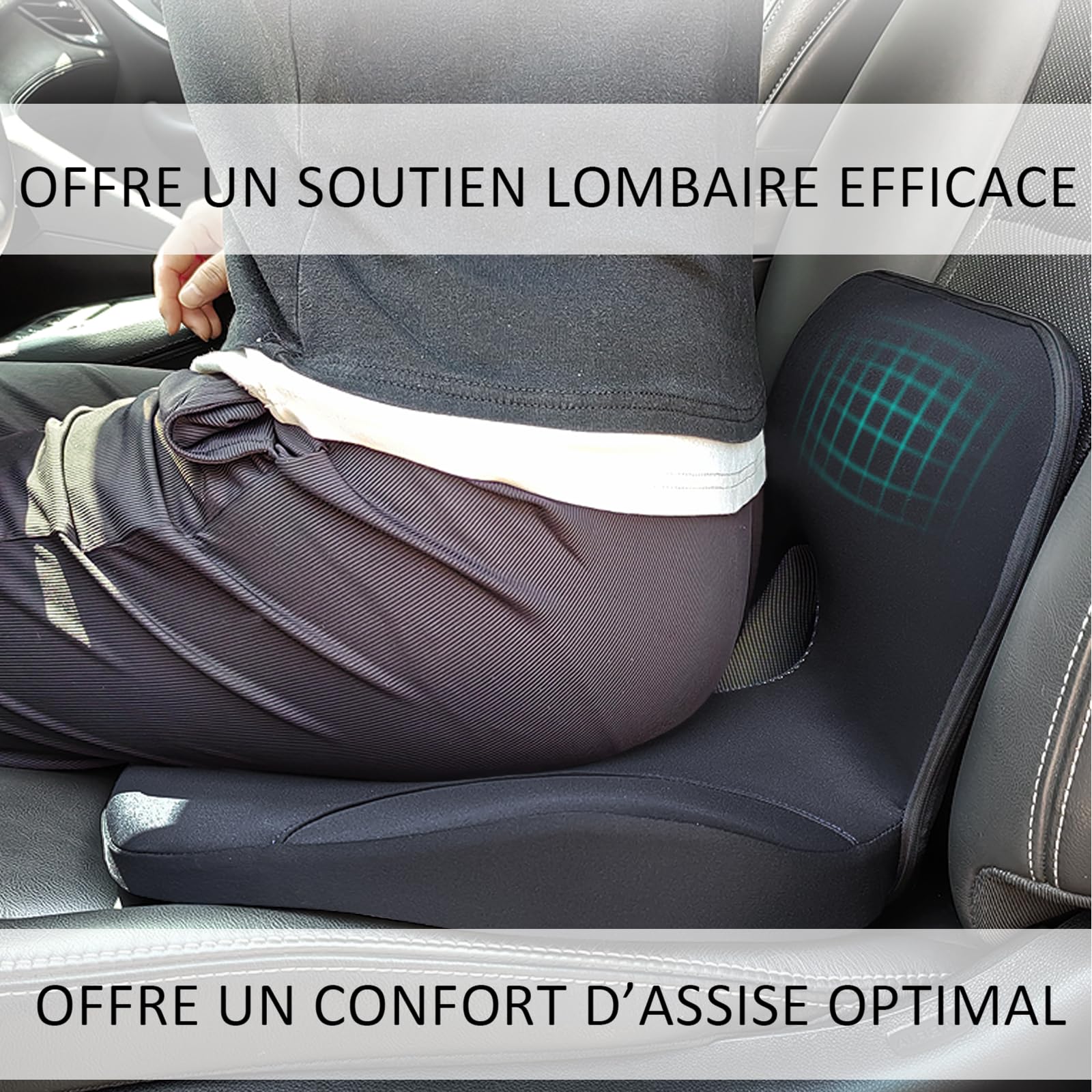 Cojín de asiento de coche con memoria de forma con soporte lumbar, comodidad ergonómica para la espalda, ideal para viajes largos, oficina, camión, conductor, funda extraíble y lavable. (Negro)