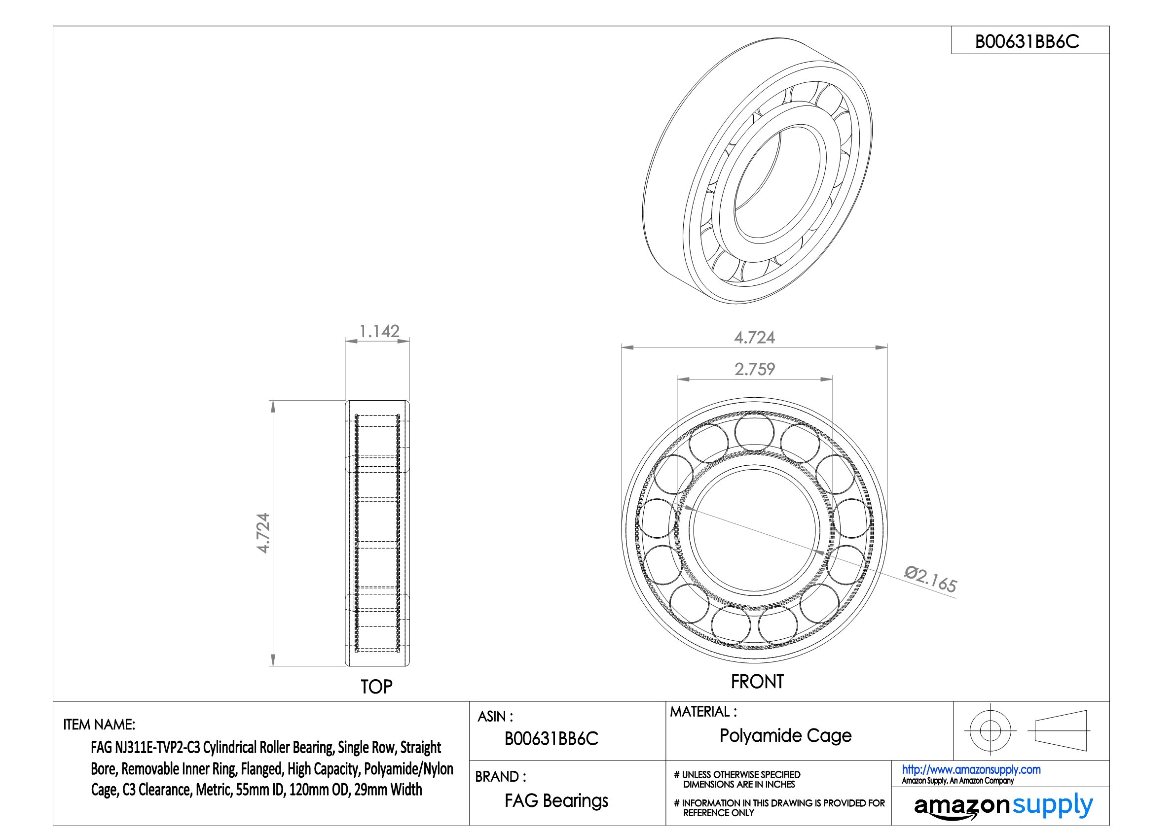 FAG Nj311e-tvp2-c3 cylindrique Roulement à rouleaux, rangée simple, Alésage, Bague intérieure amovible, Flanged droite, haute capacité, Polyamide/Nylon Cage dégagement, C3, métrique, 55 mm ID, 120 mm OD, 29 mm de largeur