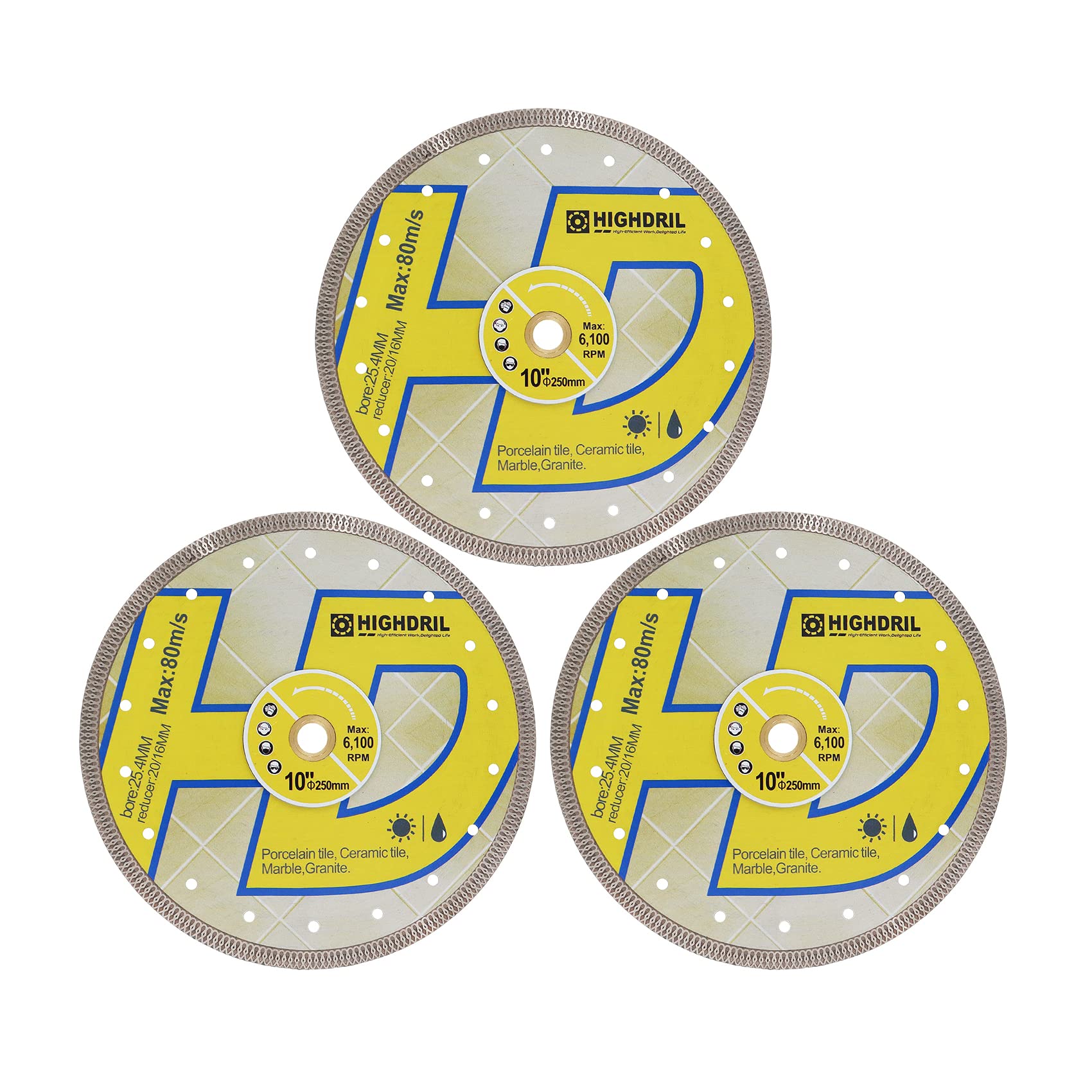 HIGHDRIL Hoja sierra diamante, 3 piezas hoja de azulejos de diamante de 10 pulgadas, corte de disco azulejos de porcelana cerámica granito mármol uso seco o húmedo hoja de sierra circular