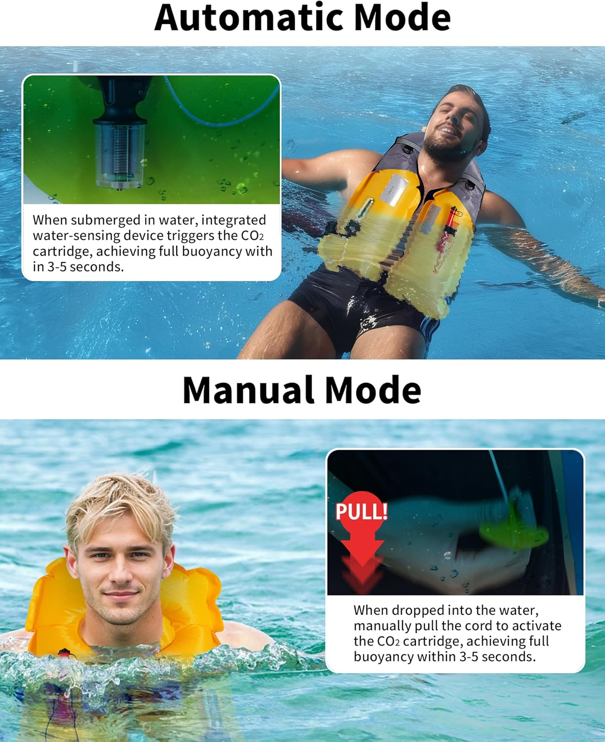 Owntop Automatic/Manual Inflatable Swim Jacket, Manual Convertible & Highly Visible, Storage Pocket with Zipper, 24g CO2 Cylinder Included, Low Profile for Kayak, Fishing, Paddle Sports