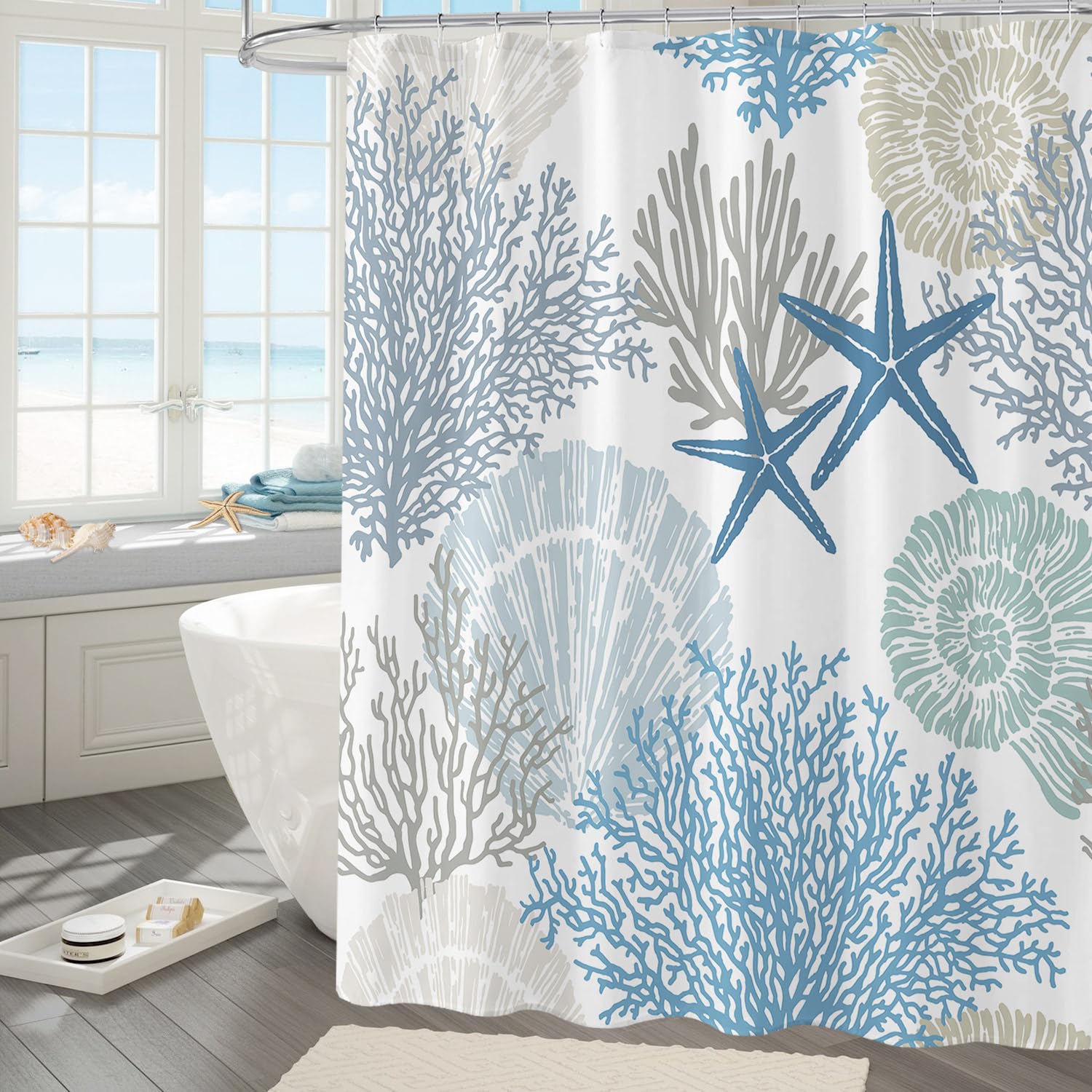Gibelle Nautical Coastal Shower Curtain, Ocean Beach Seashell Starfish Shower Curtain for Bathroom Decor, Marine Underwater Waterproof Fabric Shower