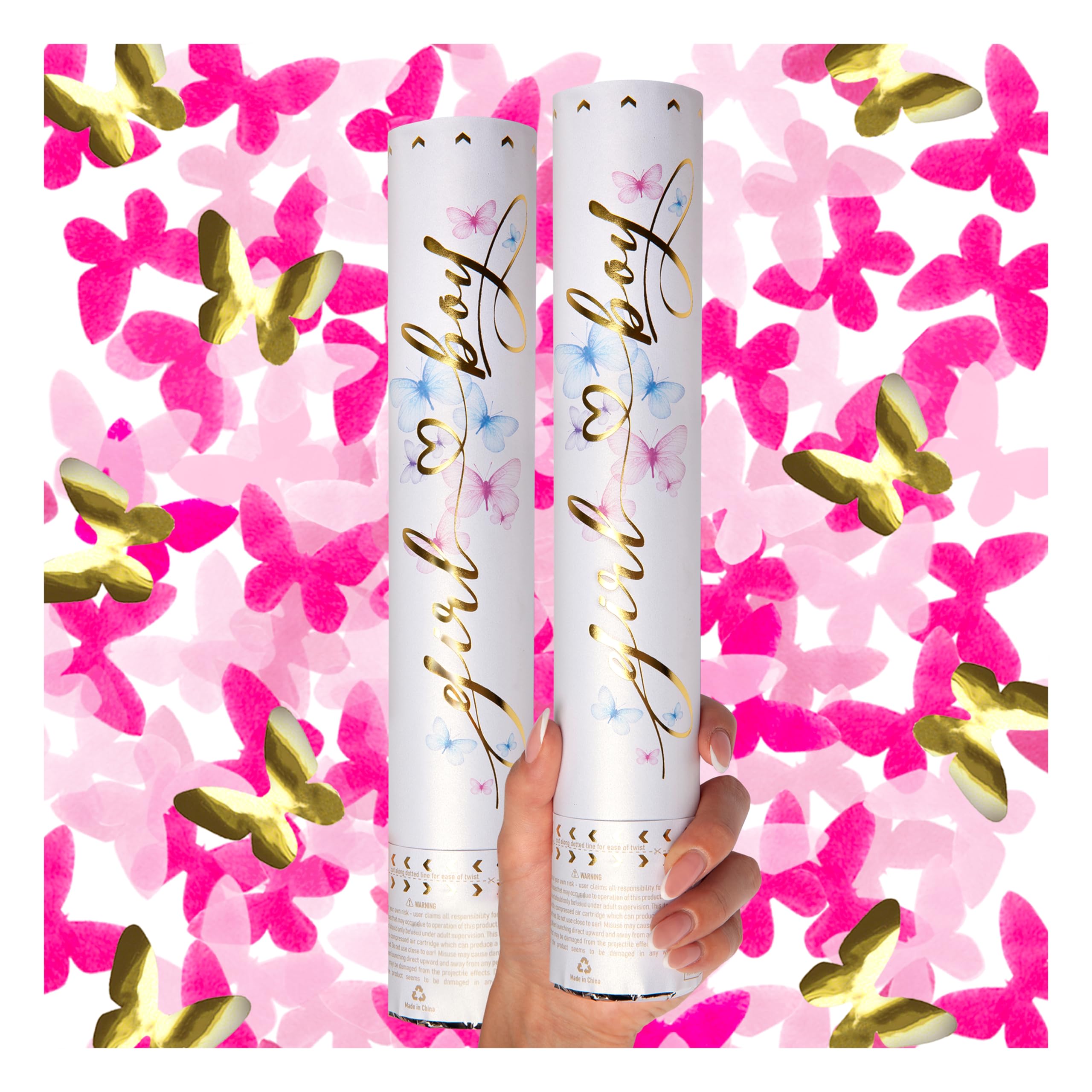 PrimePure Gender Reveal Confetti Cannon - Butterfly Confetti Party Poppers - Pink, Set of 2 - Gender Reveal Cannon Paper Butterflies for Baby Girl Baby Shower Announcement