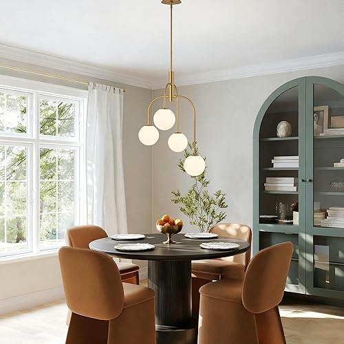 Miniatura 3 de LamQee Candelabro moderno de 4 luces de mediados de siglo, lámpara de globo de vidrio de leche con metal dorado y bola blanca, gran iluminación