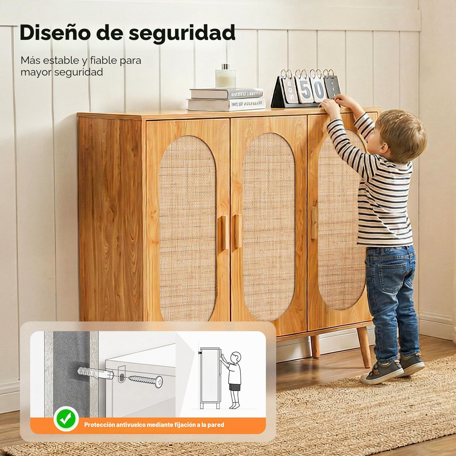 HOKEEPER Armario Zapatero de Ratán con 3 Puertas, Ideal para Recibidor o Entrada, Mueble Zapatero de Madera Estrecho, Veta de Madera