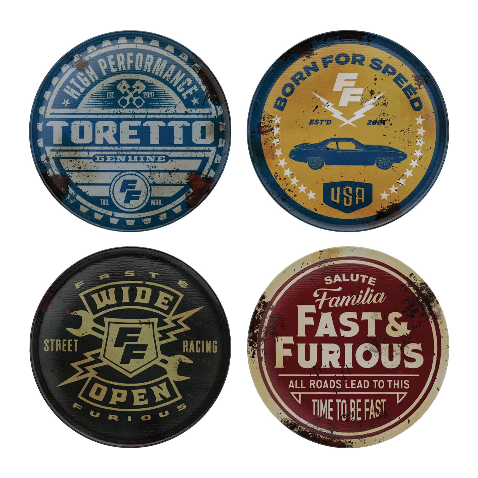 Fanattik Multicolor Fast & Furious Vintage Style Coasters Set Of 4 | Officially Licensed Metal Drink Coasters With Non-Slip Cork Base | 89Mm Collectible Barware