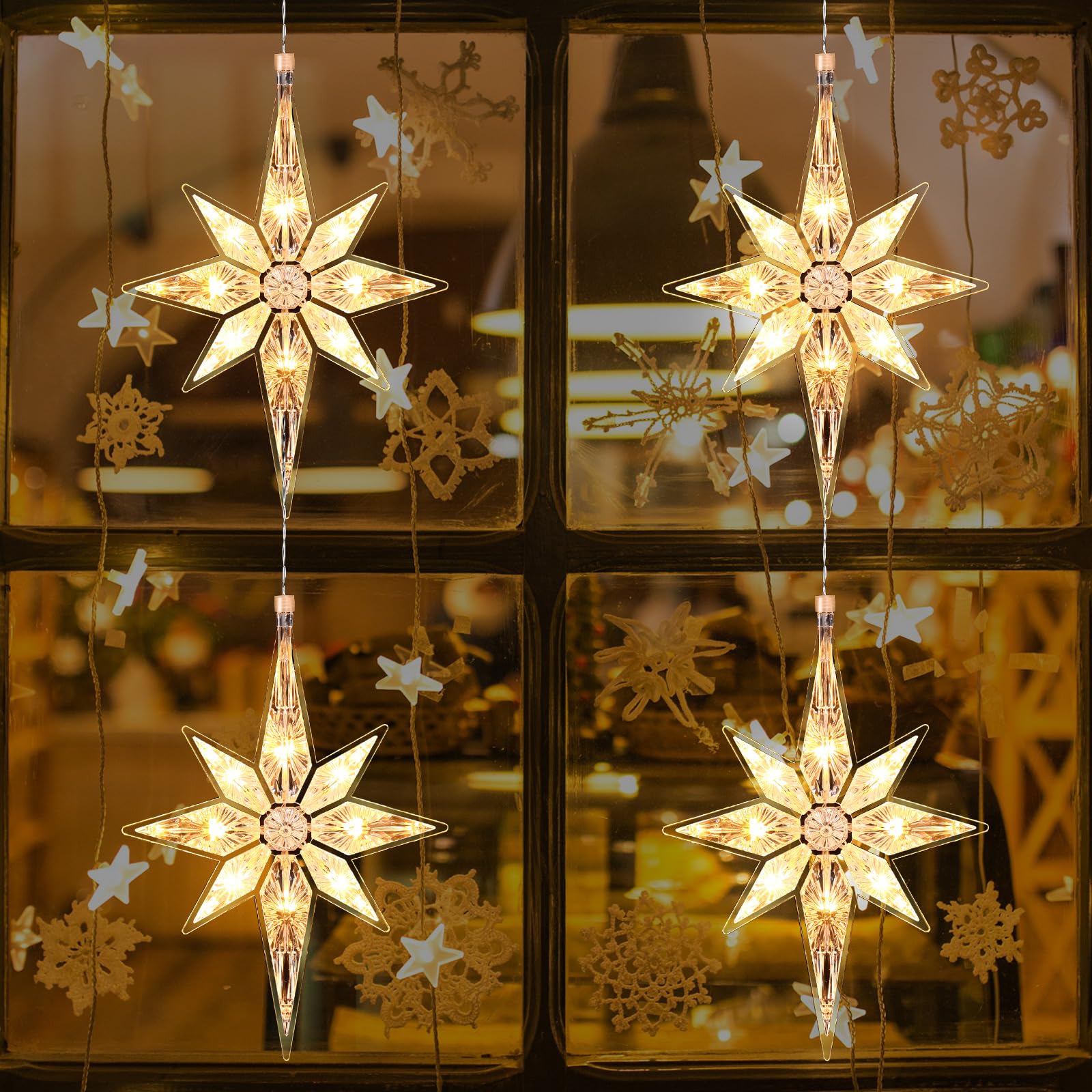 Mudder 27,5 cm Lumières d'Étoile de Fenêtre de Noël Grande Étoile Lumineuse à Suspendre de Noël en Plastique Lumières à Ventouse de Fenêtre Lumières de Silhouette d'Étoile (Blanc Chaud, 4)