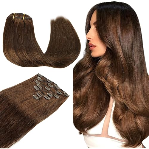 WENNALIFE Clip in Human Hair Extensions, 16 Inch 120g 7pcs Chocolate Brown Hair Extensions Clip in Human Hair Remy Clip in Hair Extensions Real Human Hair Double Weft