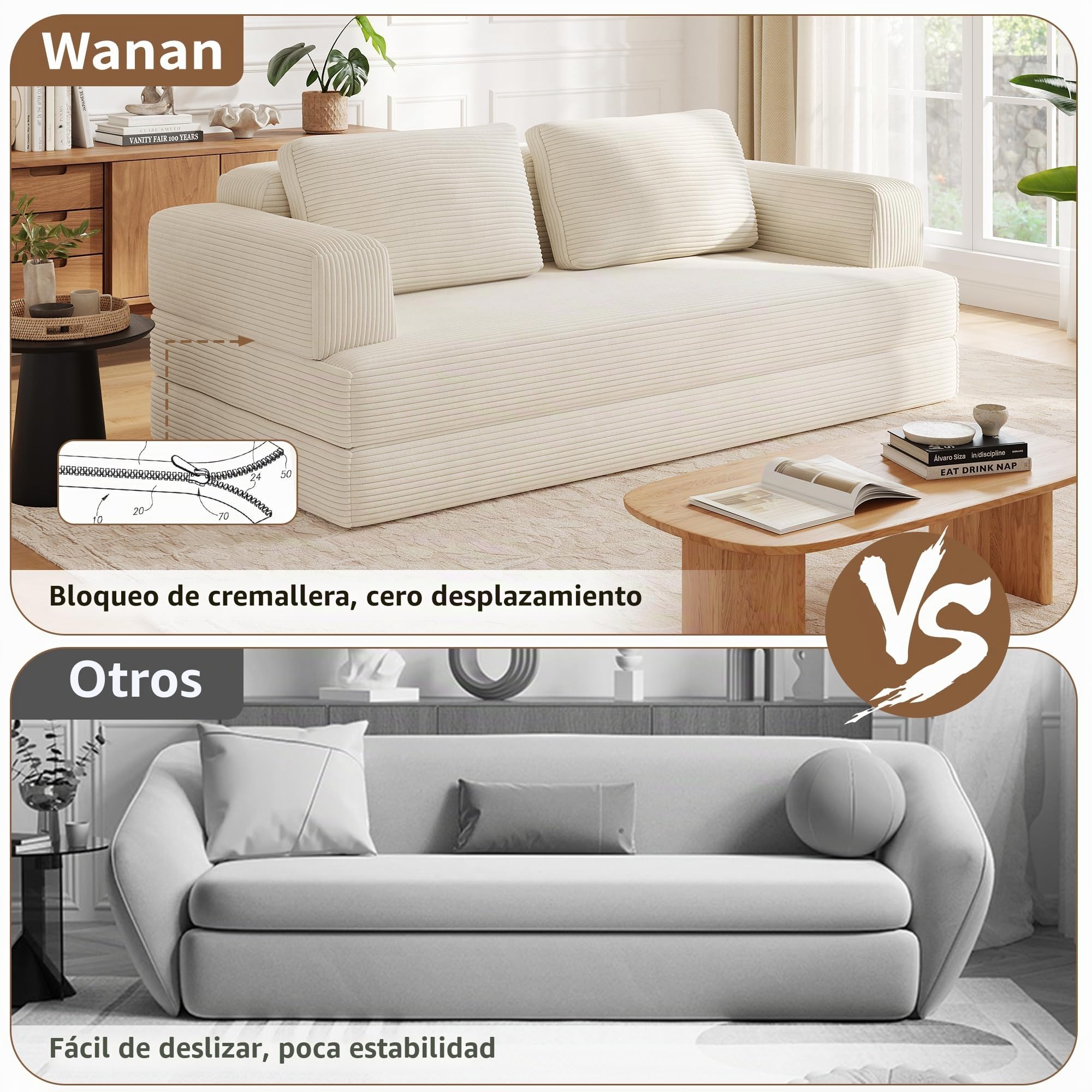 Sofá Cama 2 Plazas 160 cm, Sofá de Suelo Modular con Función de Dormir, Sofá de Nubes de Pana con Cojín para Sala de Estar y Dormitorio (Blanco)