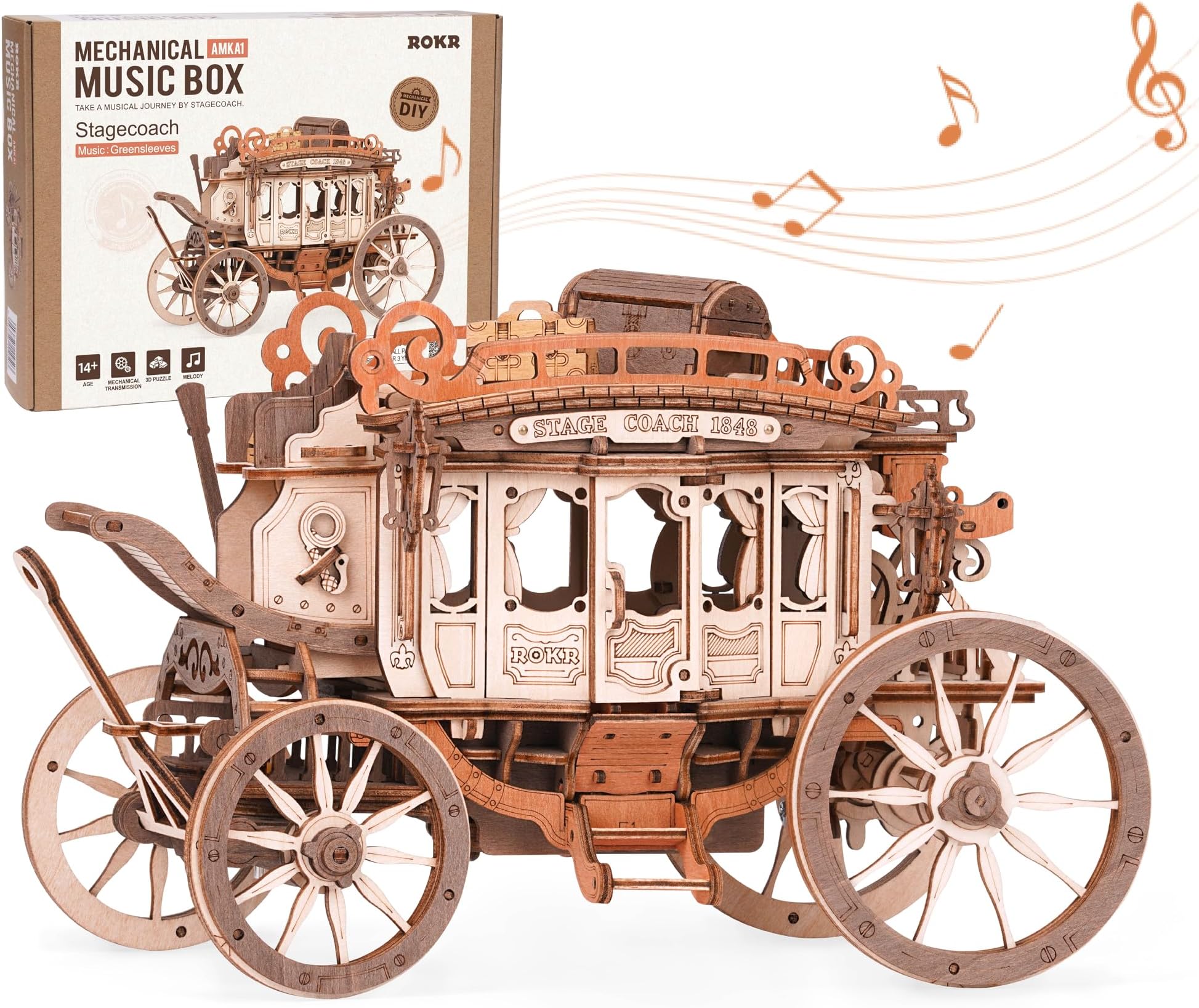 3D Wooden Model Kits for Adults Mechanical Music Box Stagecoach Model Building Kits Wooden Puzzle Birthday Gifts for Kids and Adults, Stagecoach AMKA1