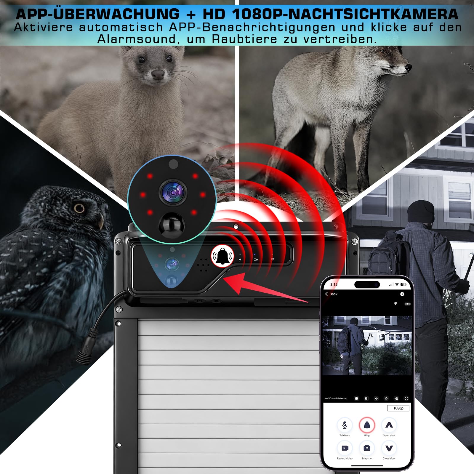 Hühnertür Automatisch Solar mit 1080P-Kamera, WLAN-App-Steuerung | Hühnerklappe Elektrisch mit Sprachaufruf-Funktion & Timer, Fernbedienung, Einklemmschutz, 5000mAh Batterie Rolltor-Design