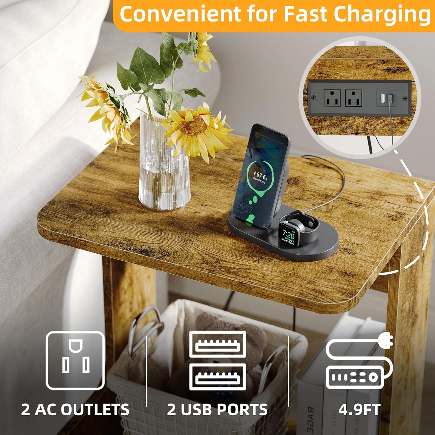Rustic Brown Wood Nightstands with Charging Station, Set of 2