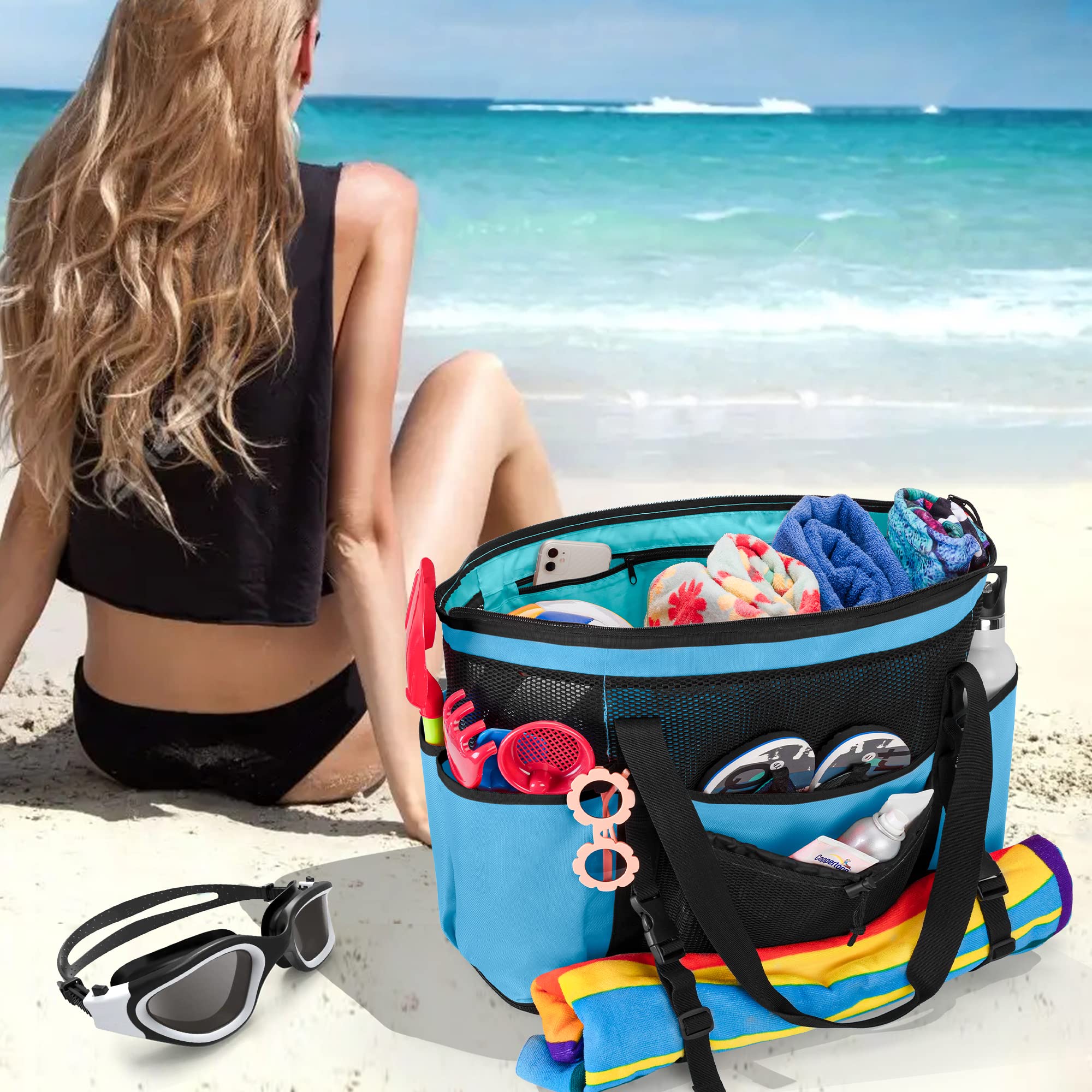 Fasrom Borsa da Spiaggia XL Rete con Fondo Cerniera per Famiglia, Blu | Fondo Cerniera Elimina la Sabbia, Tasca Impermeabile, 6 Tasche e Spallacci Imbottiti per Famiglia e Spiaggia