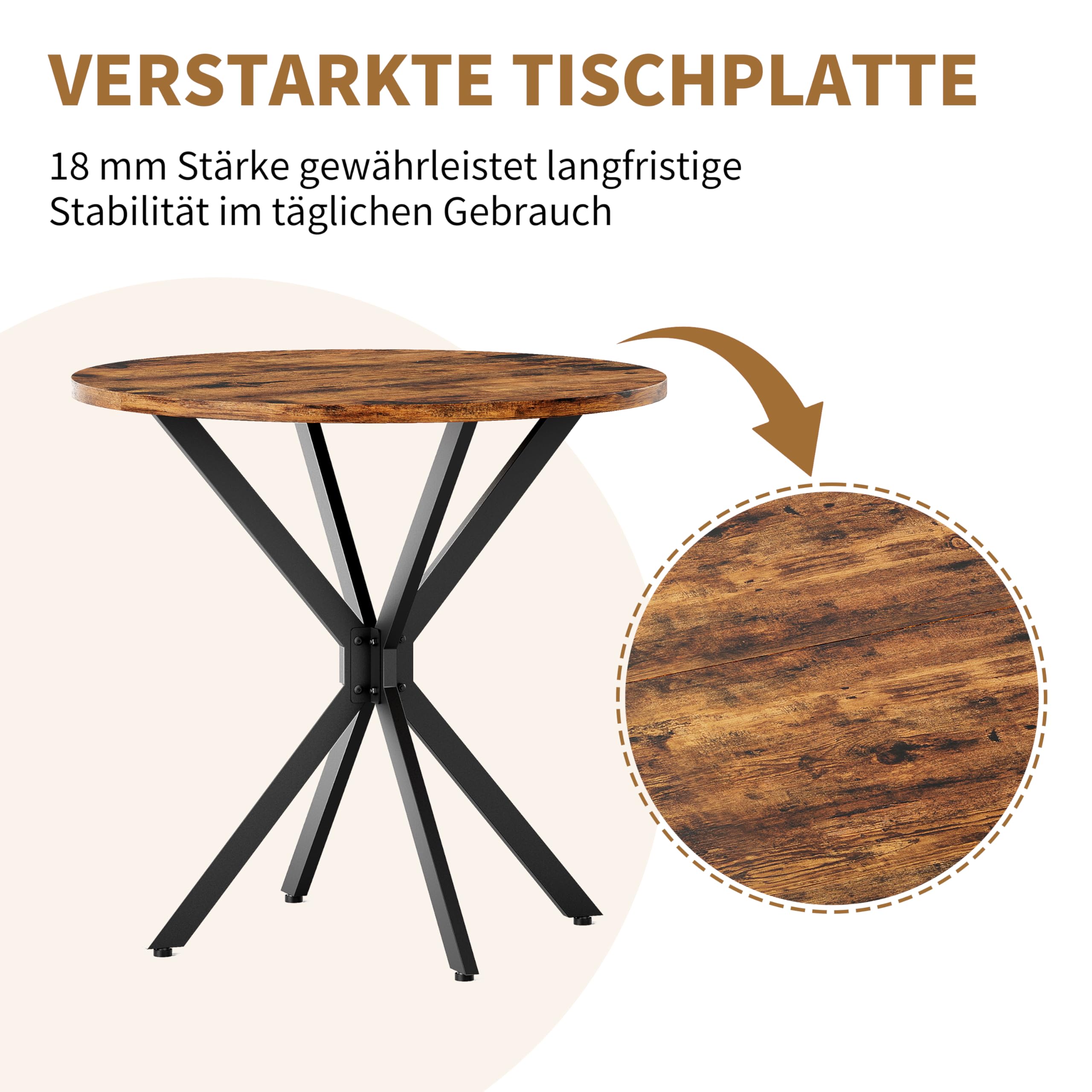 Okrągły stół do jadalni, Ø 80 x 75 cm, styl industrialny, brązowy vintage, czarny – stół kuchenny z nóżkami X, nie zajmuje dużo miejsca dla 2 osób, domowe biuro, salon