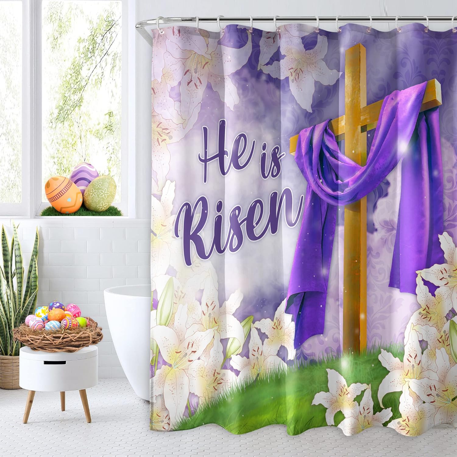 Roszwtit Easter Shower Curtain, He is Risen Shower Curtains