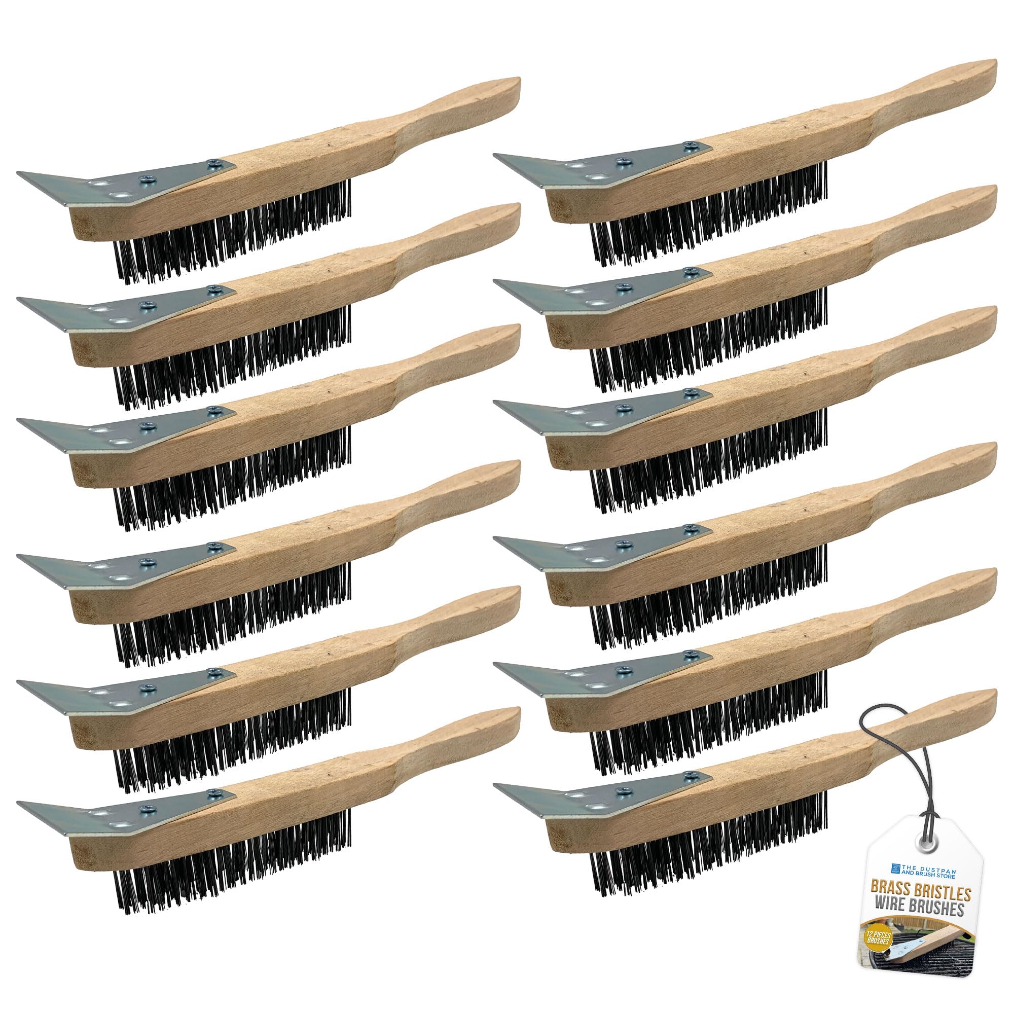 Wooden Wire Brush Set – Heavy Duty 4 Row Steel Brush with Wooden Handle and Metal Scraper, Steel Wire Brush for Rust Removal and Abrasive Cleaning - Pack of 12 — image 1
