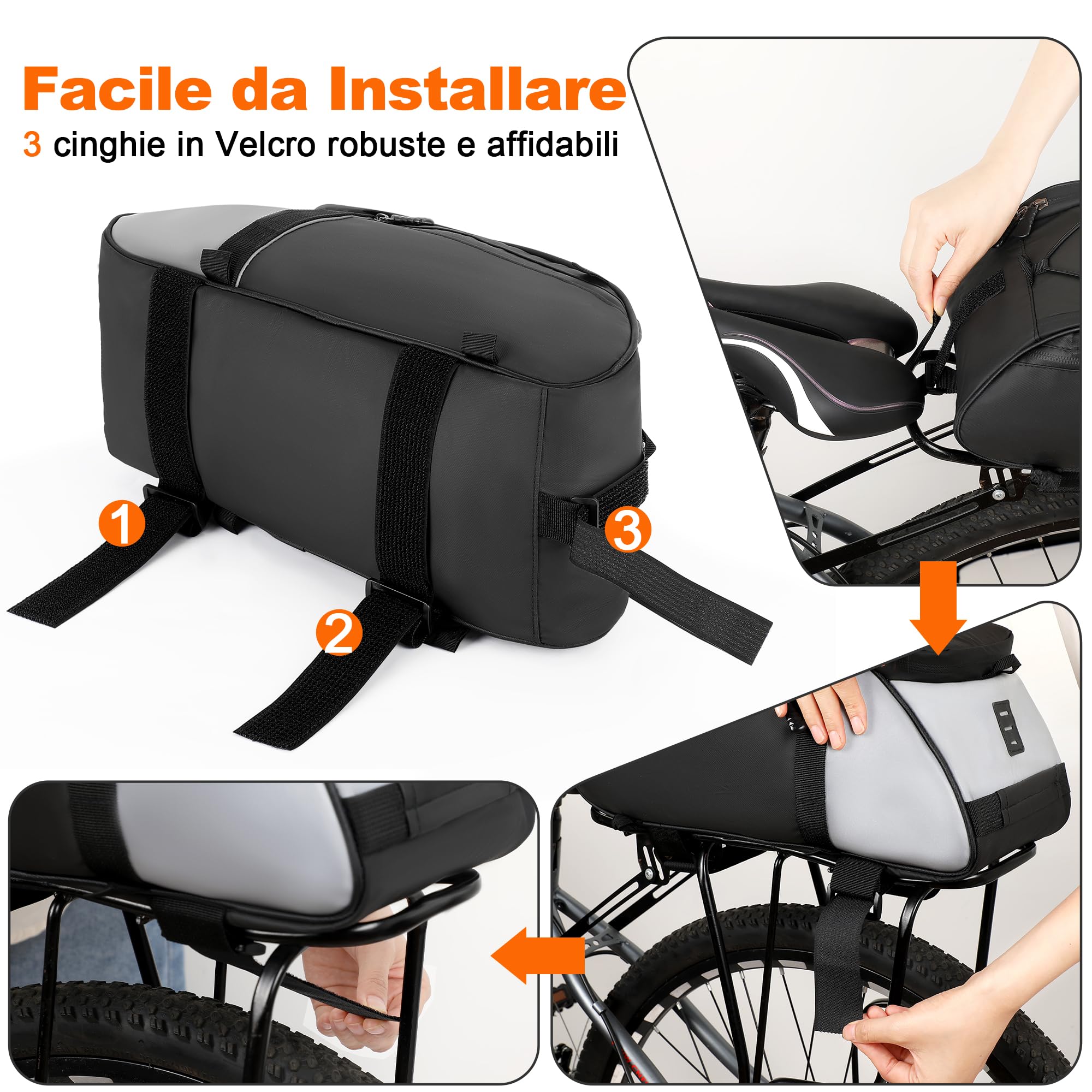 WILDKEN Borsa Portapacchi Bici Posteriore, 12L Nero Impermeabile e Riflettente Borse Portapacchi Bici, con Maniglia e Cinghia Regolabile, Borse per Bicicletta Posteriori per MTB, Bici da Strada