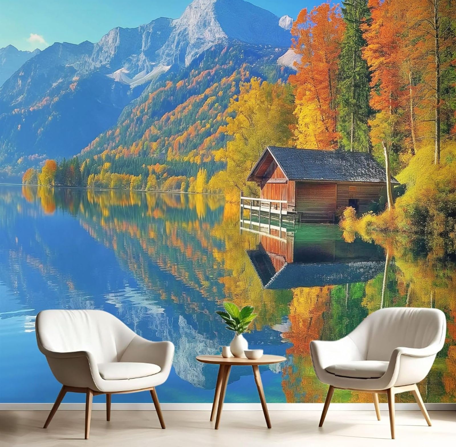 kfjhgbdshhj Fototapete Blaue Berge 3D,Seeufer Holzhaus, Schlafzimmer Wohnzimmer, Blau Vlies Wandtapete, XXL Wandbild Wand Deko,430cmx300cm Stickers - Frameless Painting - Poster