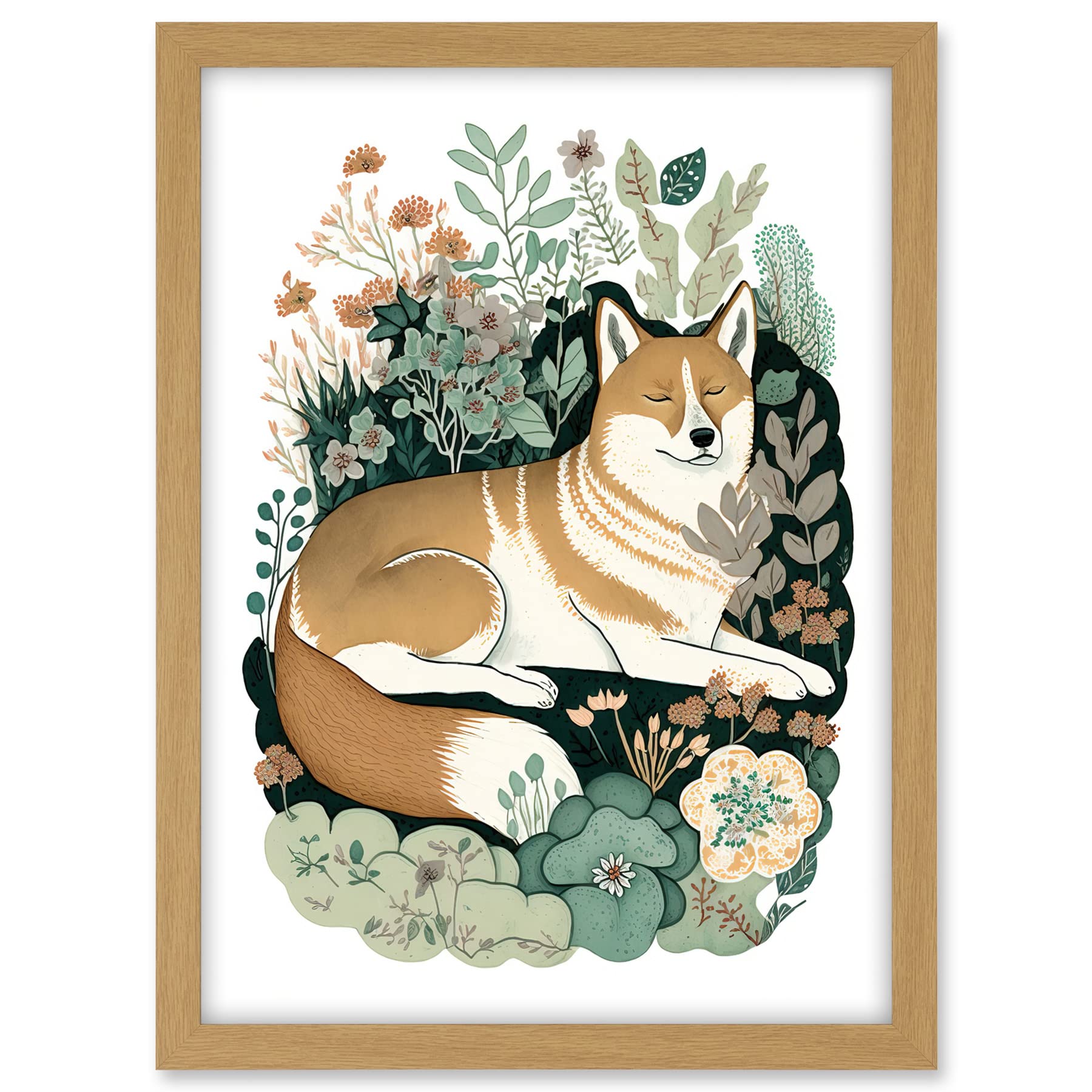 Artery8 Shiba Inu Dog Lying in Flower Field Modern Stylised Illustration Artwork Framed A3 Wall Art Print