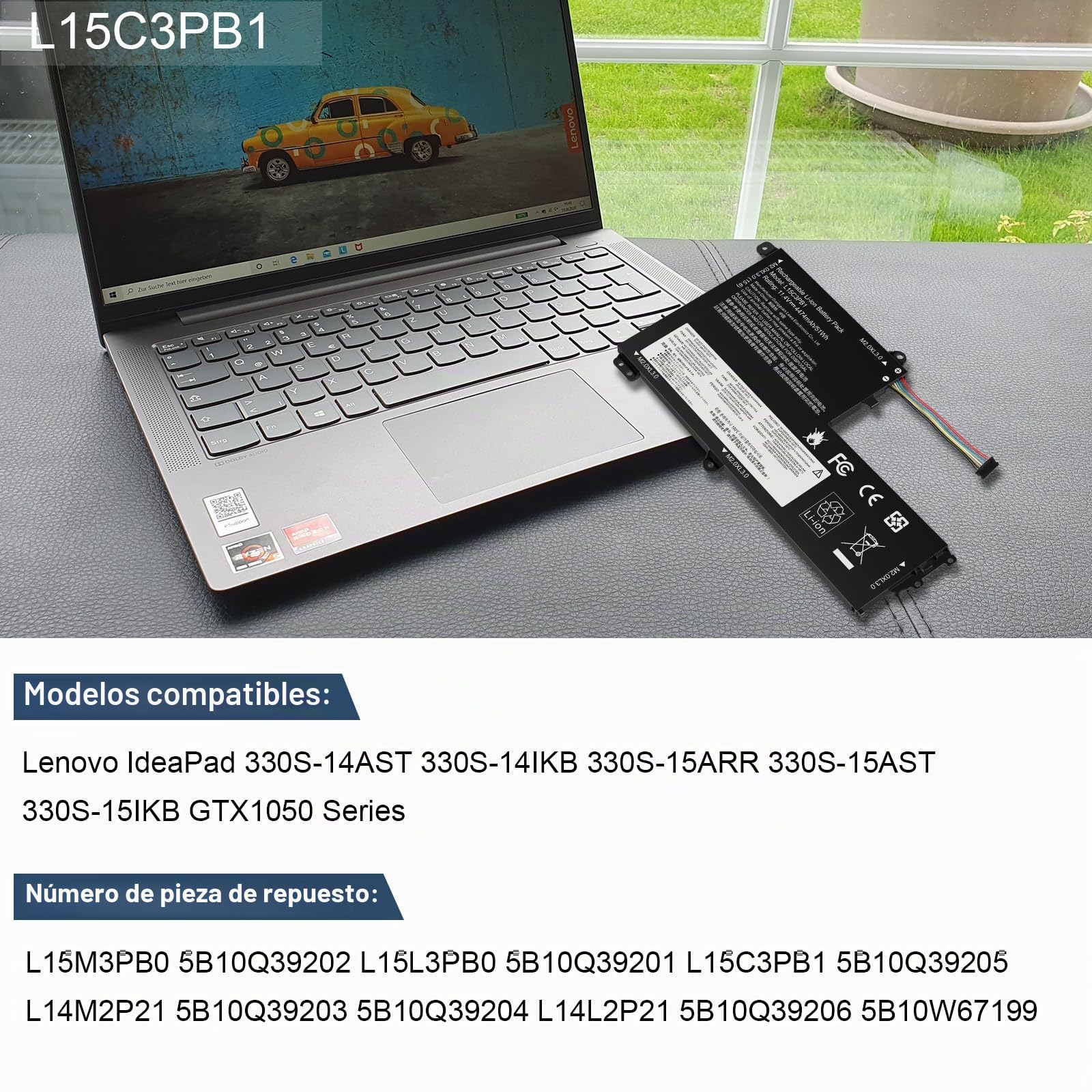 ASUNCELL 11.4V/51Wh L15C3PB1 Batería de Ordenador Portátil para Lenovo IdeaPad 330S-14AST 330S-14IKB 330S-15ARR 330S-15AST 330S-15IKB GTX1050 Series, L15M3PB0 5B10Q39202 L15L3PB0