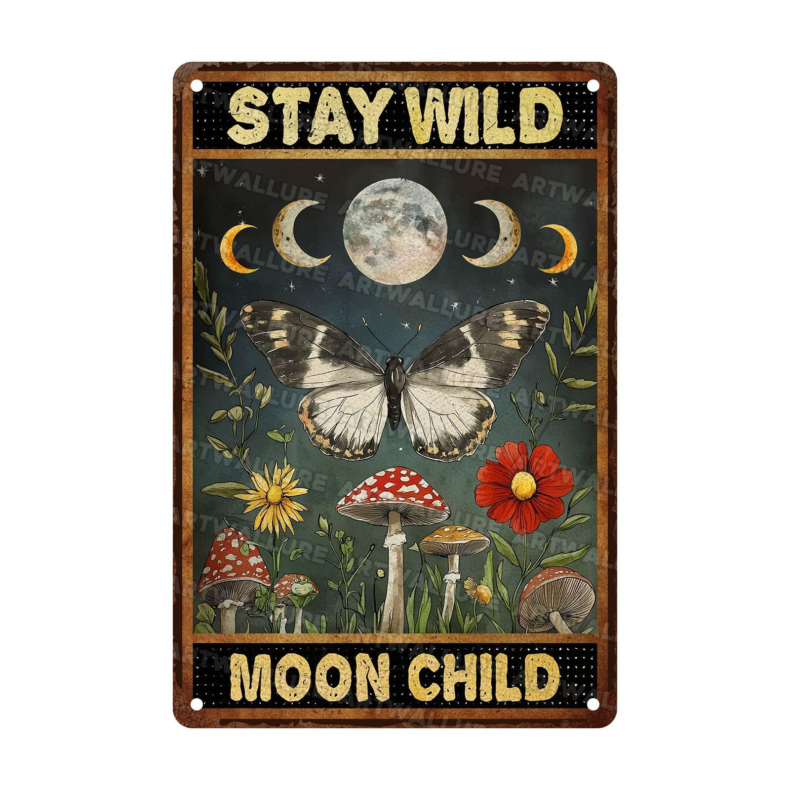 Butterfly Vintage Tin Sign Stay Wild Moon Flower Metal Signs Mushroom Signs for Bedroom Hippie Room Decor 8x12Inch