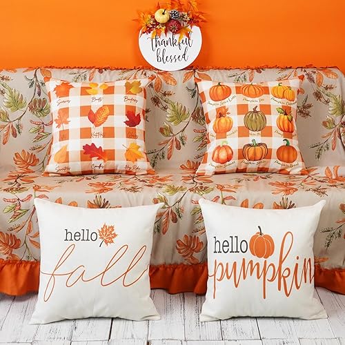Miniatura 3 de ONWAY Juego de 4 fundas de almohada de otoño de 18 x 18 pulgadas con diseño de calabaza y hojas de arce a cuadros para decoración de Acción de