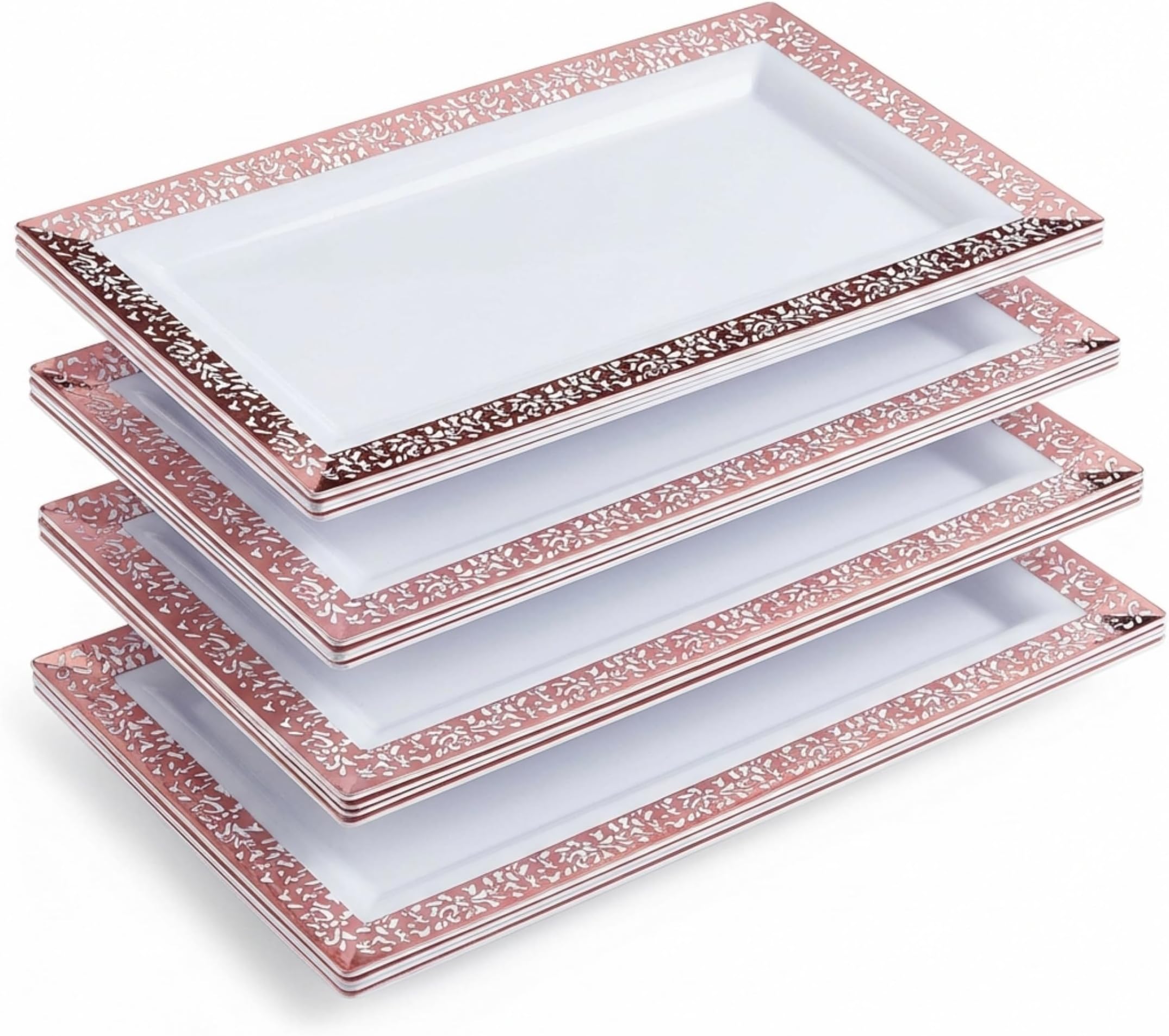 Yumchikel-Plastic Serving Tray & Platter Set (4pk) White & Rose Gold Lace Disposable Party Trays & Platters for Food - Weddings, Dessert Table, Cupcake Display -14"x7.5" inches