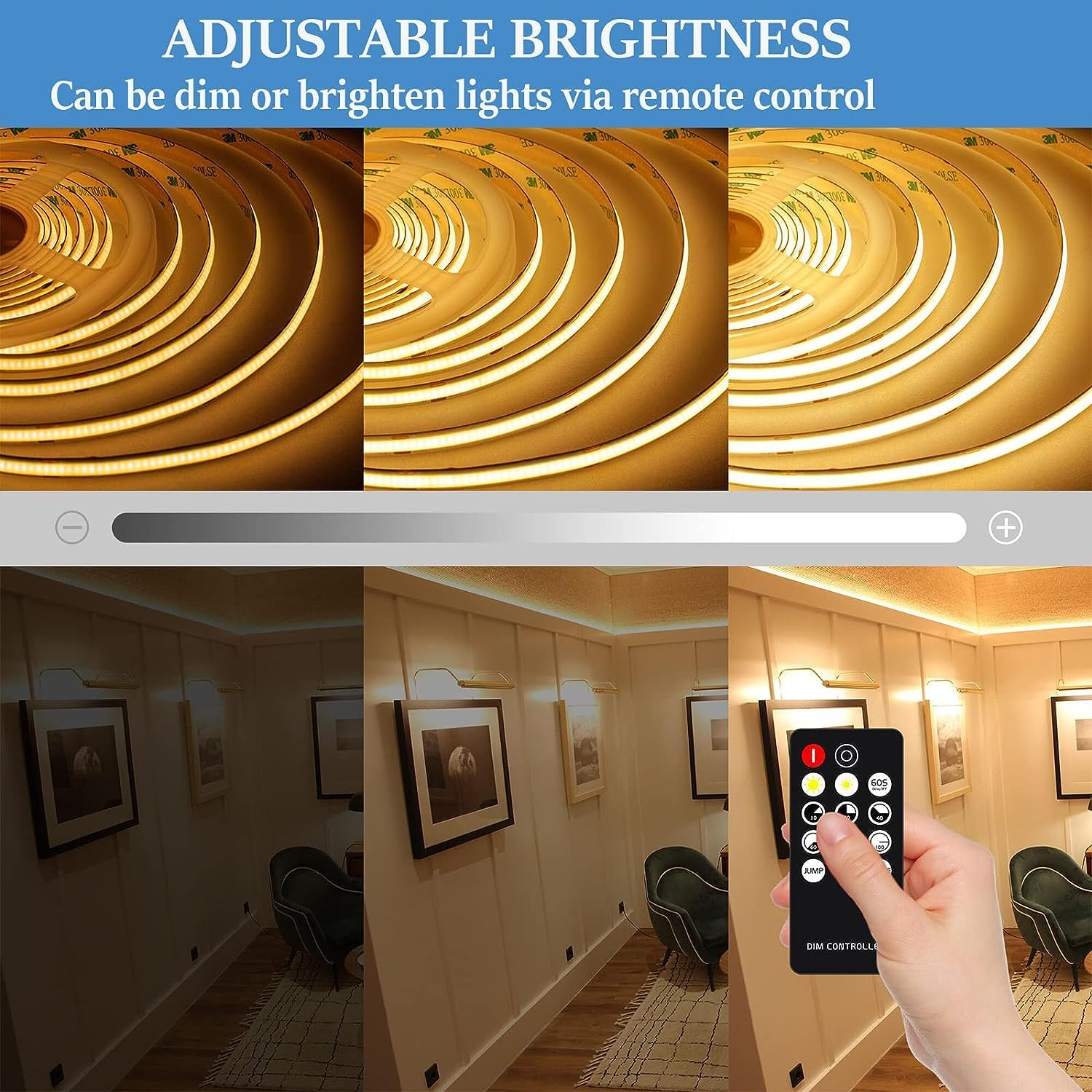BERIXDEEP Striscia LED bianca calda, 3 m, dimmerabile, con alimentatore di rete e telecomando, CRI 92+, 8 mm di larghezza, 24 V, per illuminazione indiretta, illuminazione mobiletto